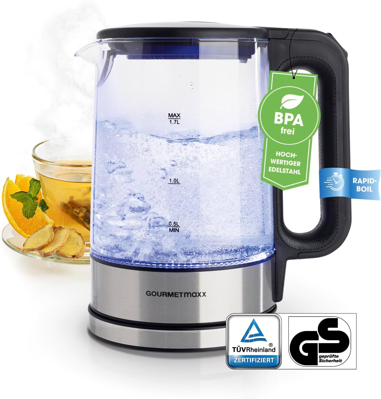 GOURMETmaxx Glas-Wasserkocher 1,7 Liter mit integrierter Beleuchtung | Leistungsstarker Boiler mit Abschaltfunktion & Kalkfilter | Edelstahl Heißwasserspender mit Wasserstandsanzeige [Silber]