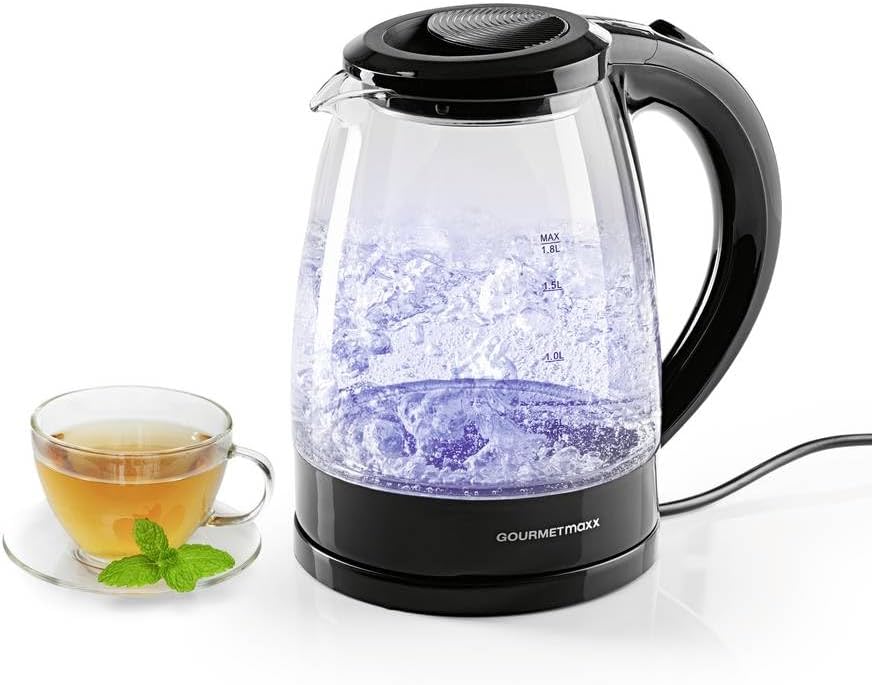GOURMETmaxx Glas-Wasserkocher 1,8 L mit Blue Vision LED, Schwarz, 1800 W, Kalkfilter, kabellos, automatische Abschaltung, Wasserstandsanzeige, TÜV & GS geprüft, BPA-frei — Ansicht 2