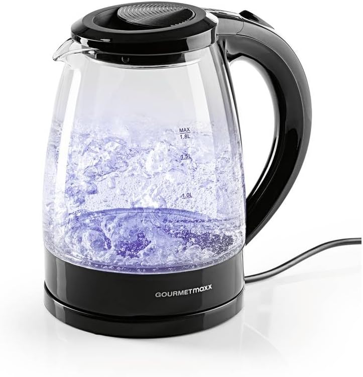 GOURMETmaxx Glas-Wasserkocher 1,8 L mit Blue Vision LED, Schwarz, 1800 W, Kalkfilter, kabellos, automatische Abschaltung, Wasserstandsanzeige, TÜV & GS geprüft, BPA-frei — Ansicht 3