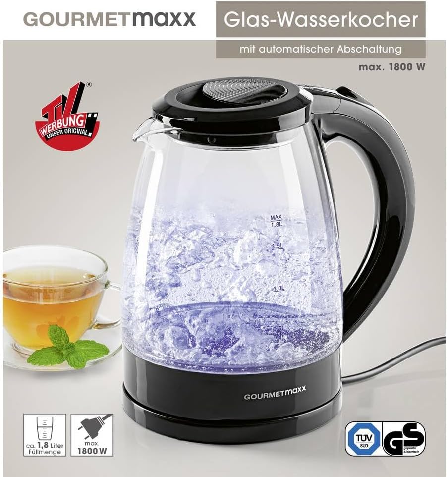 GOURMETmaxx Glas-Wasserkocher 1,8 L mit Blue Vision LED, Schwarz, 1800 W, Kalkfilter, kabellos, automatische Abschaltung, Wasserstandsanzeige, TÜV & GS geprüft, BPA-frei — Ansicht 4