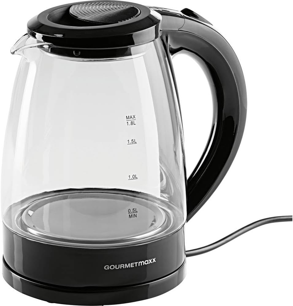 GOURMETmaxx Glas-Wasserkocher 1,8 L mit Blue Vision LED, Schwarz, 1800 W, Kalkfilter, kabellos, automatische Abschaltung, Wasserstandsanzeige, TÜV & GS geprüft, BPA-frei