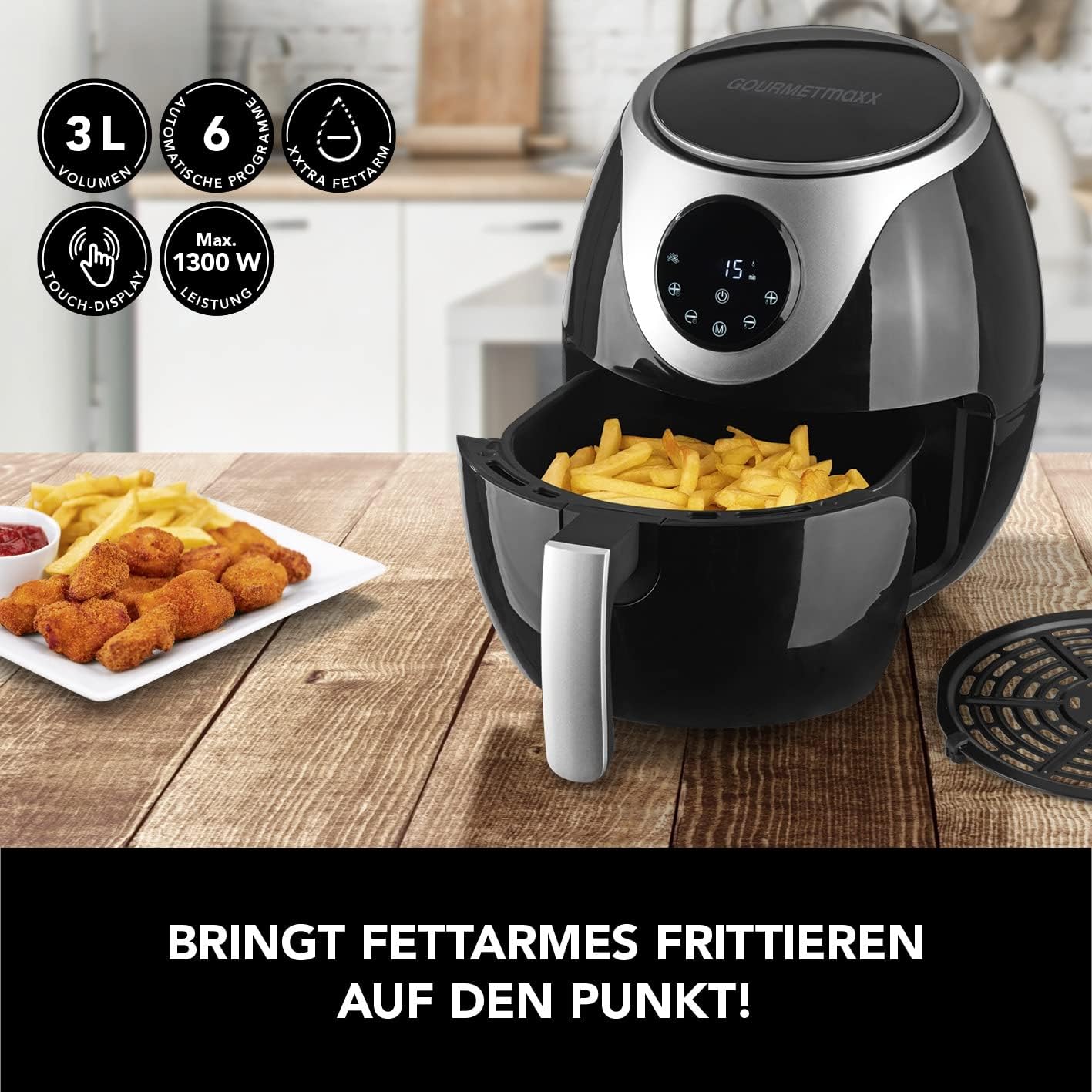 GOURMETmaxx Heißluft-Fritteuse Digital | 60 Min Timerfunktion und automatische Abschaltung | Fett- und geruchsarme Zubereitung mit 6 Programmen | 3 Liter Fassungsvermögen [schwarz]... — Ansicht 2