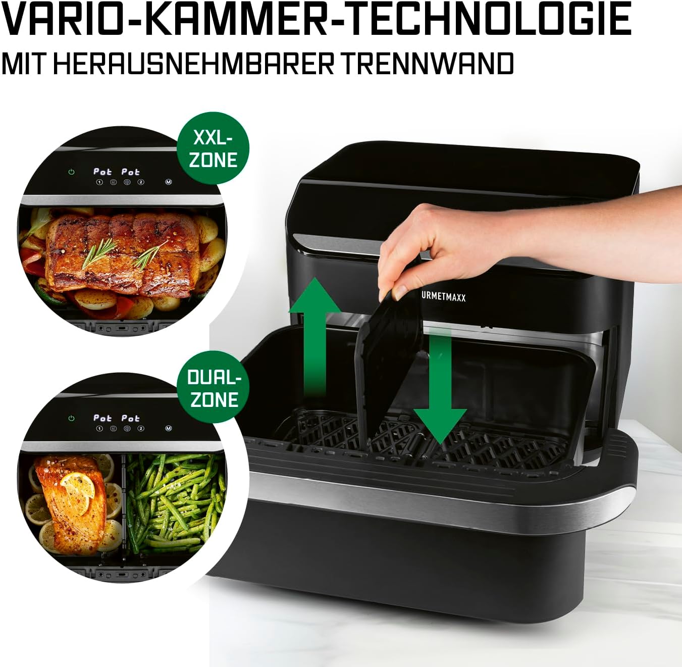 GOURMETmaxx Heißluftfritteuse, 10 L - 2 x 5 L Airfryer Vario-Kammer | Fritteuse mit 8 Programmen & Touchscreen | Heißluftfritteuse 2 Kammern – 2 Speisen gleichzeitig zubereiten | für max. 8 Personen — Ansicht 2