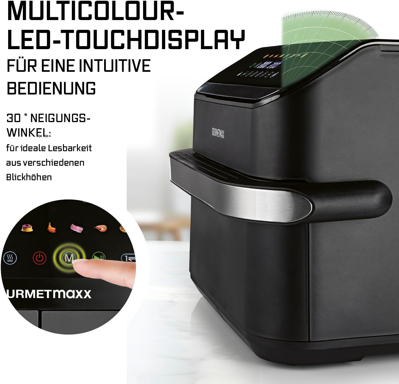 GOURMETmaxx Heißluftfritteuse, 10 L - 2 x 5 L Airfryer Vario-Kammer | Fritteuse mit 8 Programmen & Touchscreen | Heißluftfritteuse 2 Kammern – 2 Speisen gleichzeitig zubereiten | für max. 8 Personen — Ansicht 3