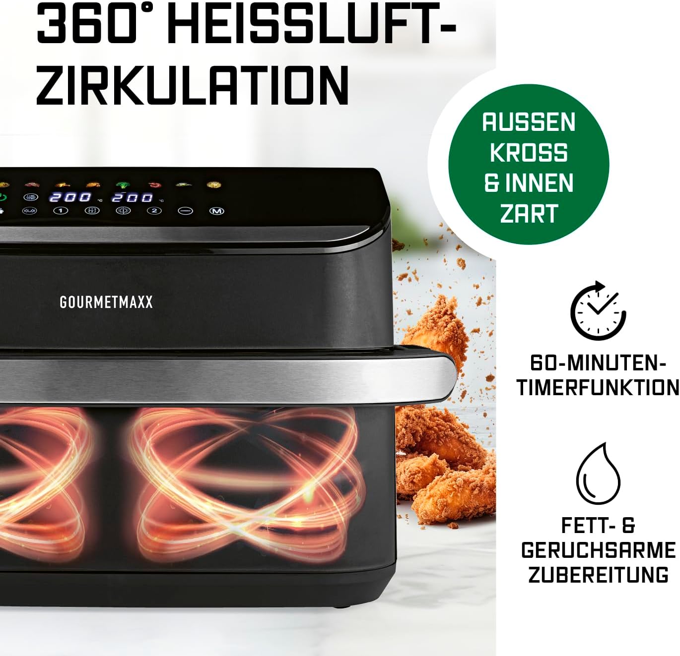 GOURMETmaxx Heißluftfritteuse, 10 L - 2 x 5 L Airfryer Vario-Kammer | Fritteuse mit 8 Programmen & Touchscreen | Heißluftfritteuse 2 Kammern – 2 Speisen gleichzeitig zubereiten | für max. 8 Personen — Ansicht 4