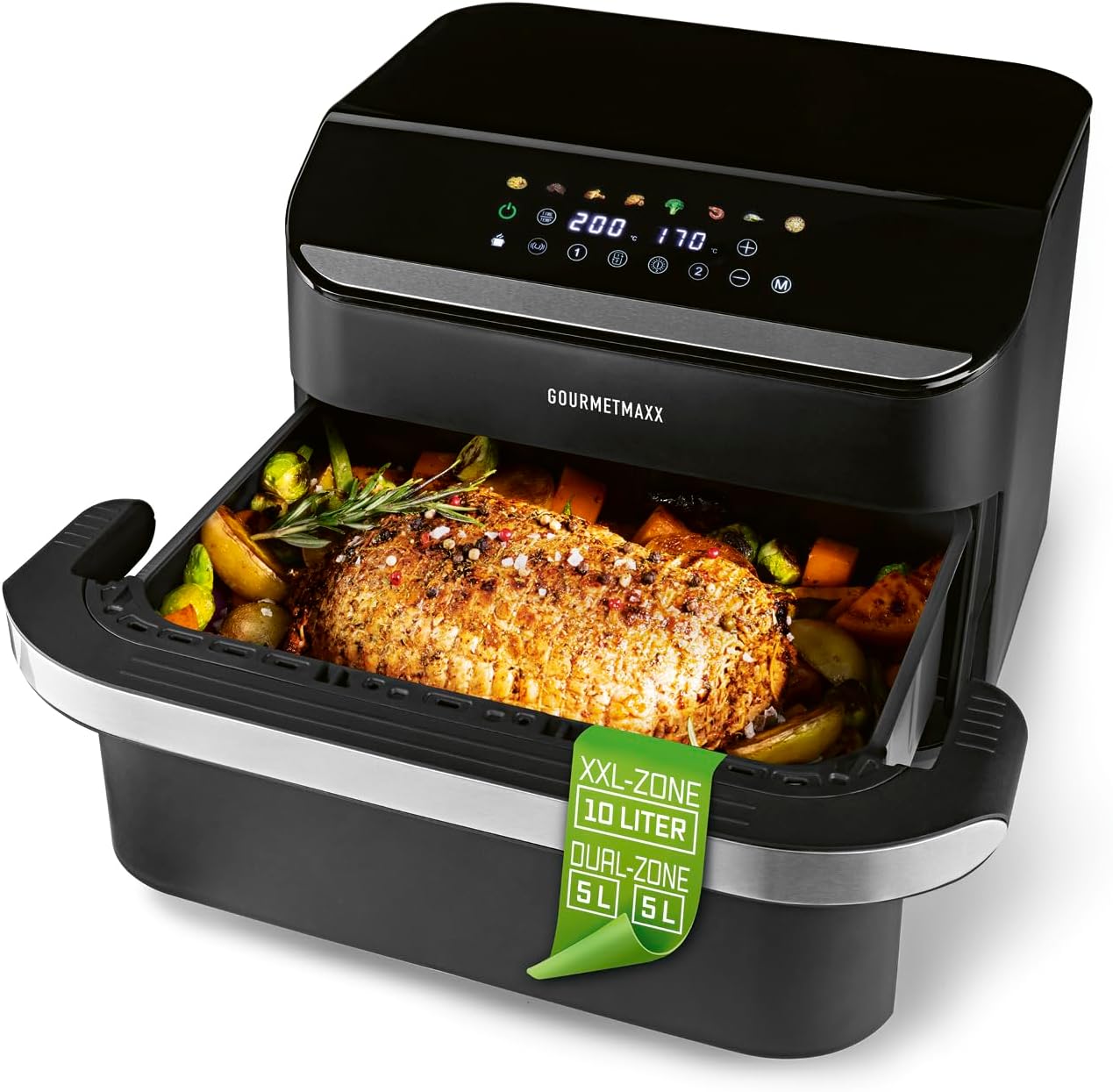 GOURMETmaxx Heißluftfritteuse, 10 L - 2 x 5 L Airfryer Vario-Kammer | Fritteuse mit 8 Programmen & Touchscreen | Heißluftfritteuse 2 Kammern – 2 Speisen gleichzeitig zubereiten | für max. 8 Personen