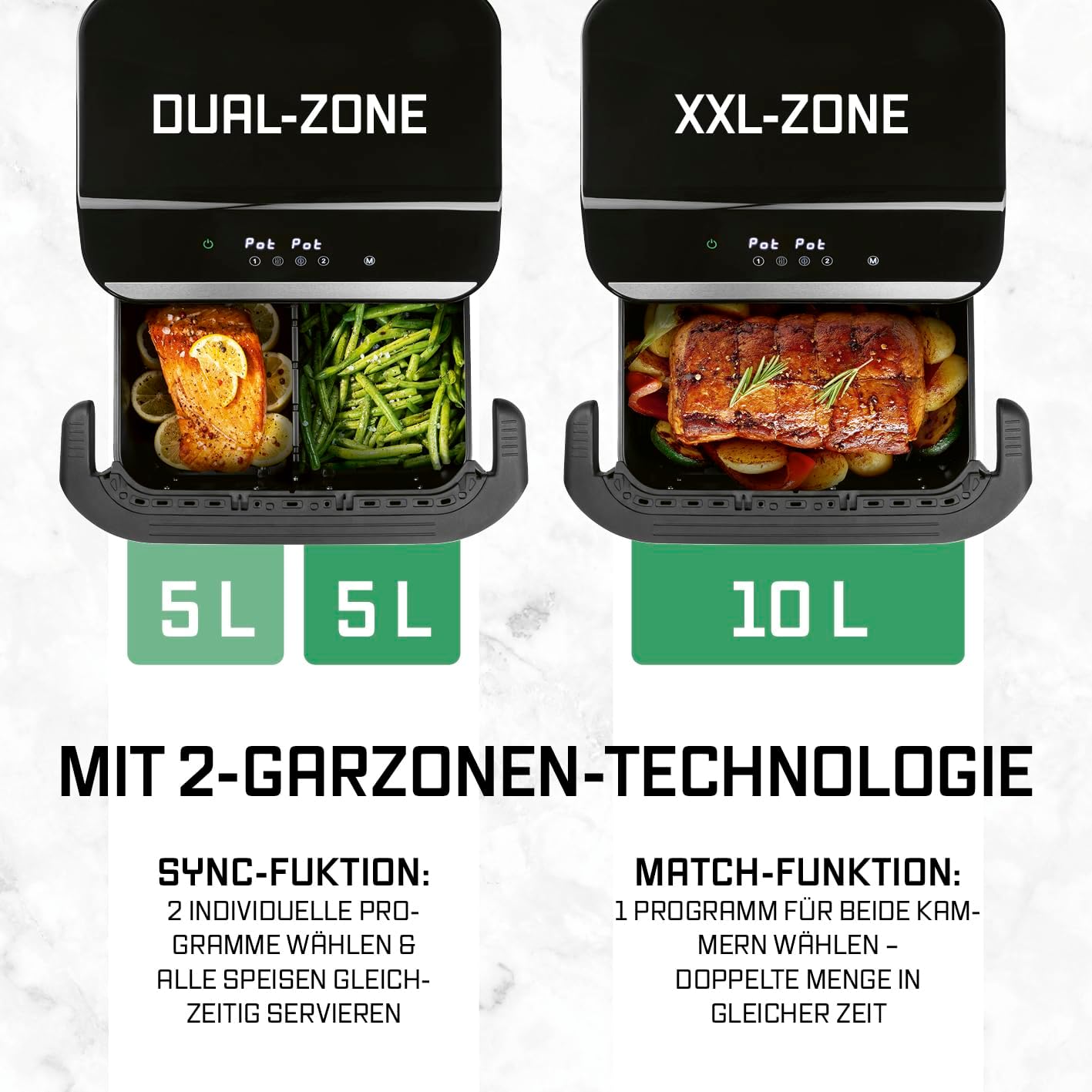 GOURMETmaxx Heißluftfritteuse, 10 L - 2 x 5 L Airfryer Vario-Kammer | Fritteuse mit 8 Programmen & Touchscreen | Heißluftfritteuse 2 Kammern – 2 Speisen gleichzeitig zubereiten | für max. 8 Personen — Ansicht 5