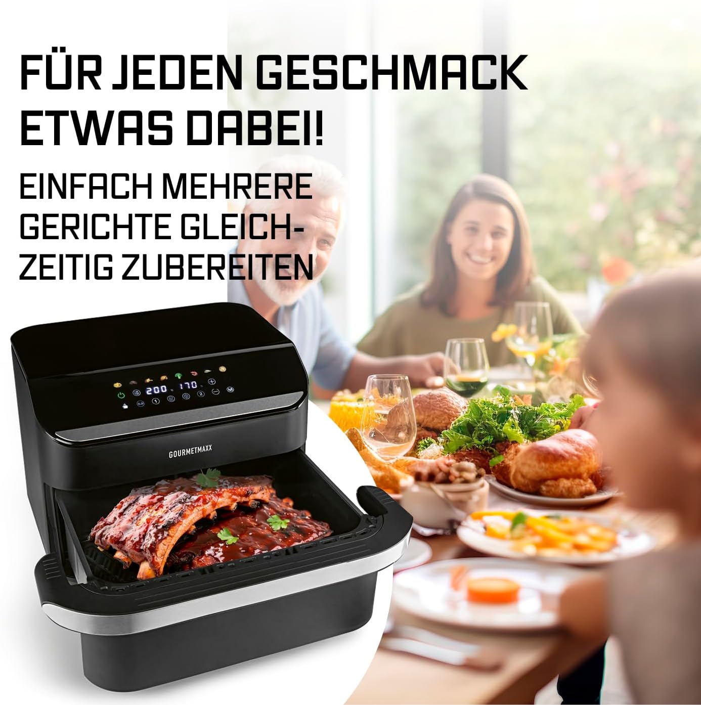 GOURMETmaxx Heißluftfritteuse, 10 L - 2 x 5 L Airfryer Vario-Kammer | Fritteuse mit 8 Programmen & Touchscreen | Heißluftfritteuse 2 Kammern – 2 Speisen gleichzeitig zubereiten | für max. 8 Personen — Ansicht 6