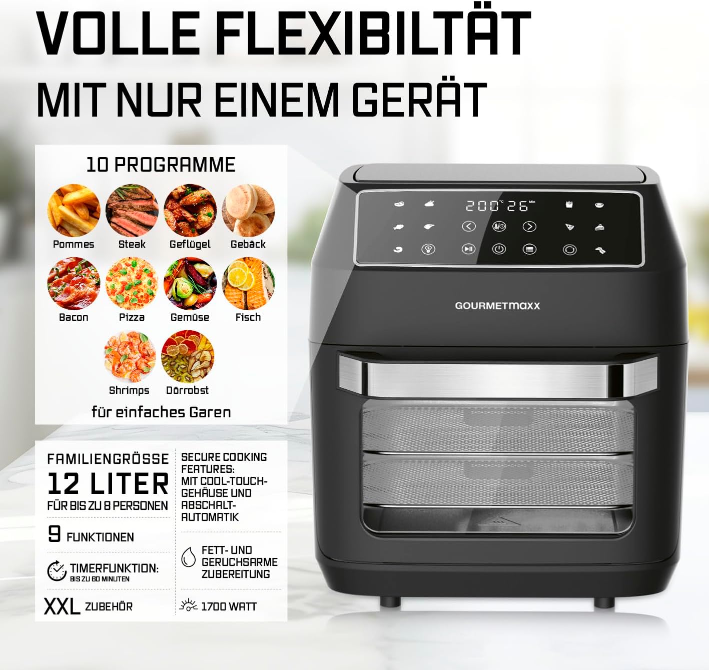 GOURMETmaxx Heißluftfritteuse 12 L Airfryer | Fritteuse mit 9 Funktionen, Touchdisplay, Dreh- & Schaschlikspießen | 10 Programme inkl. Pizza | Minibackofen 1700 W – nahezu ohne Öl — Ansicht 2