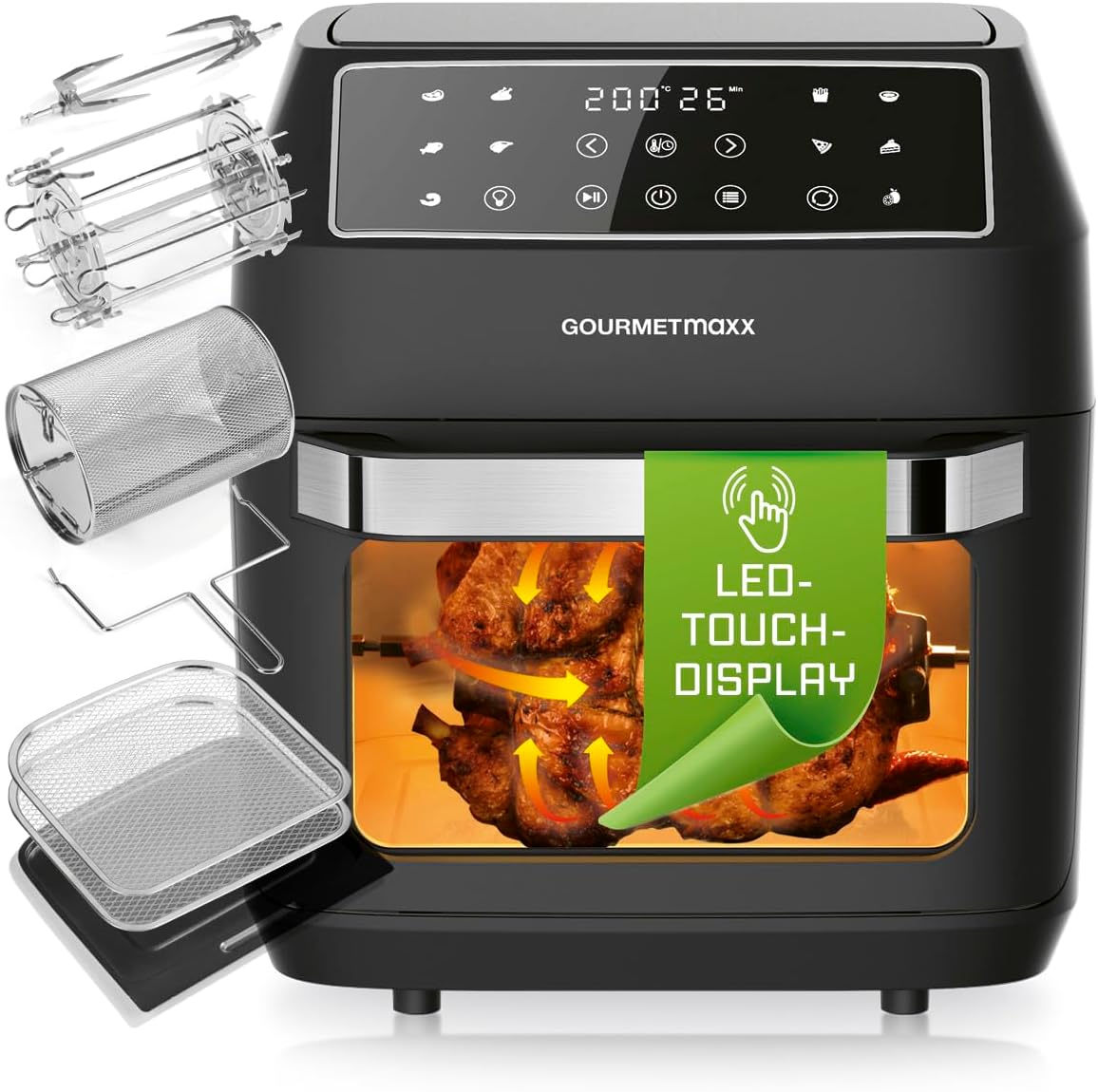 GOURMETmaxx Heißluftfritteuse 12 L Airfryer | Fritteuse mit 9 Funktionen, Touchdisplay, Dreh- & Schaschlikspießen | 10 Programme inkl. Pizza | Minibackofen 1700 W – nahezu ohne Öl