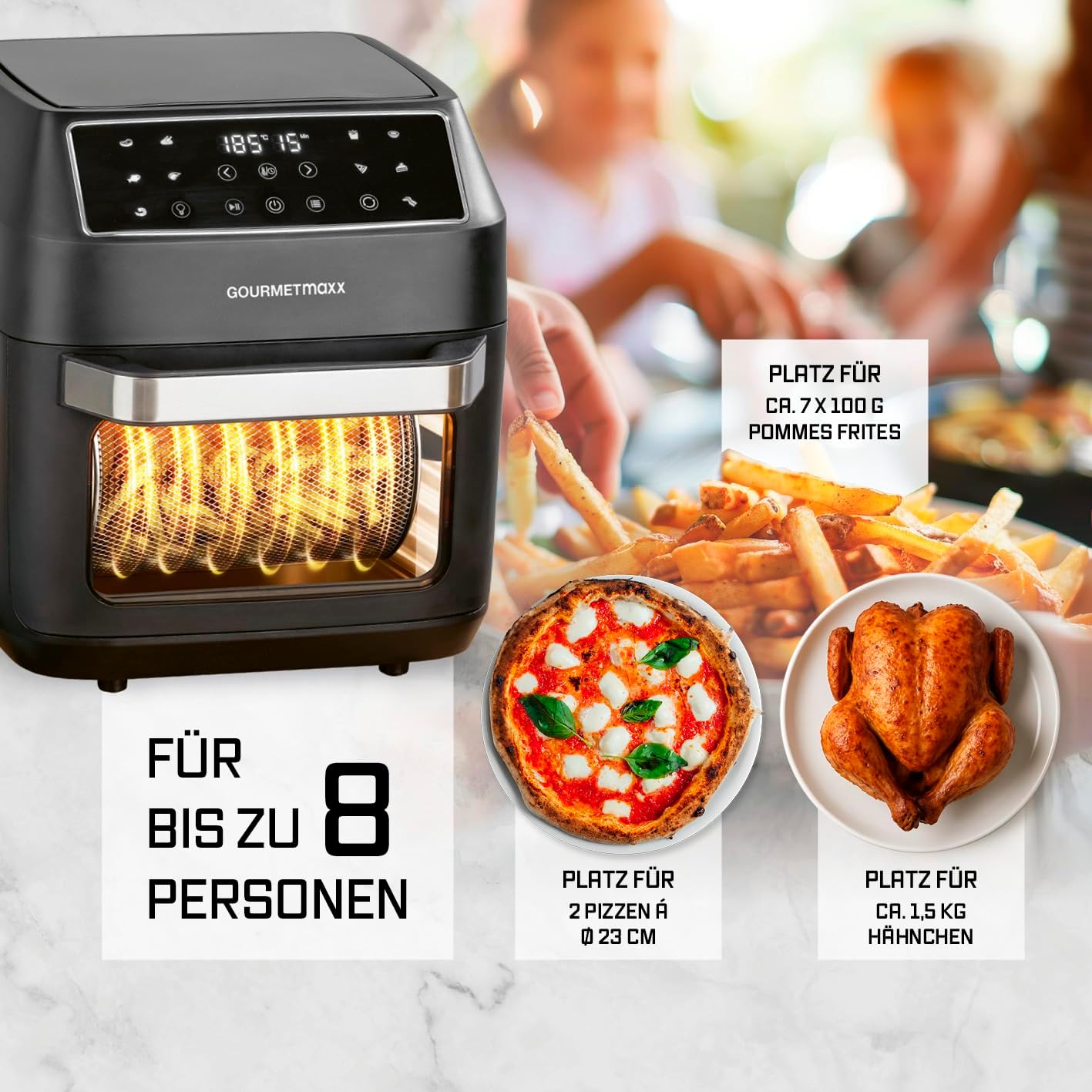 GOURMETmaxx Heißluftfritteuse 12 L Airfryer | Fritteuse mit 9 Funktionen, Touchdisplay, Dreh- & Schaschlikspießen | 10 Programme inkl. Pizza | Minibackofen 1700 W – nahezu ohne Öl — Ansicht 3