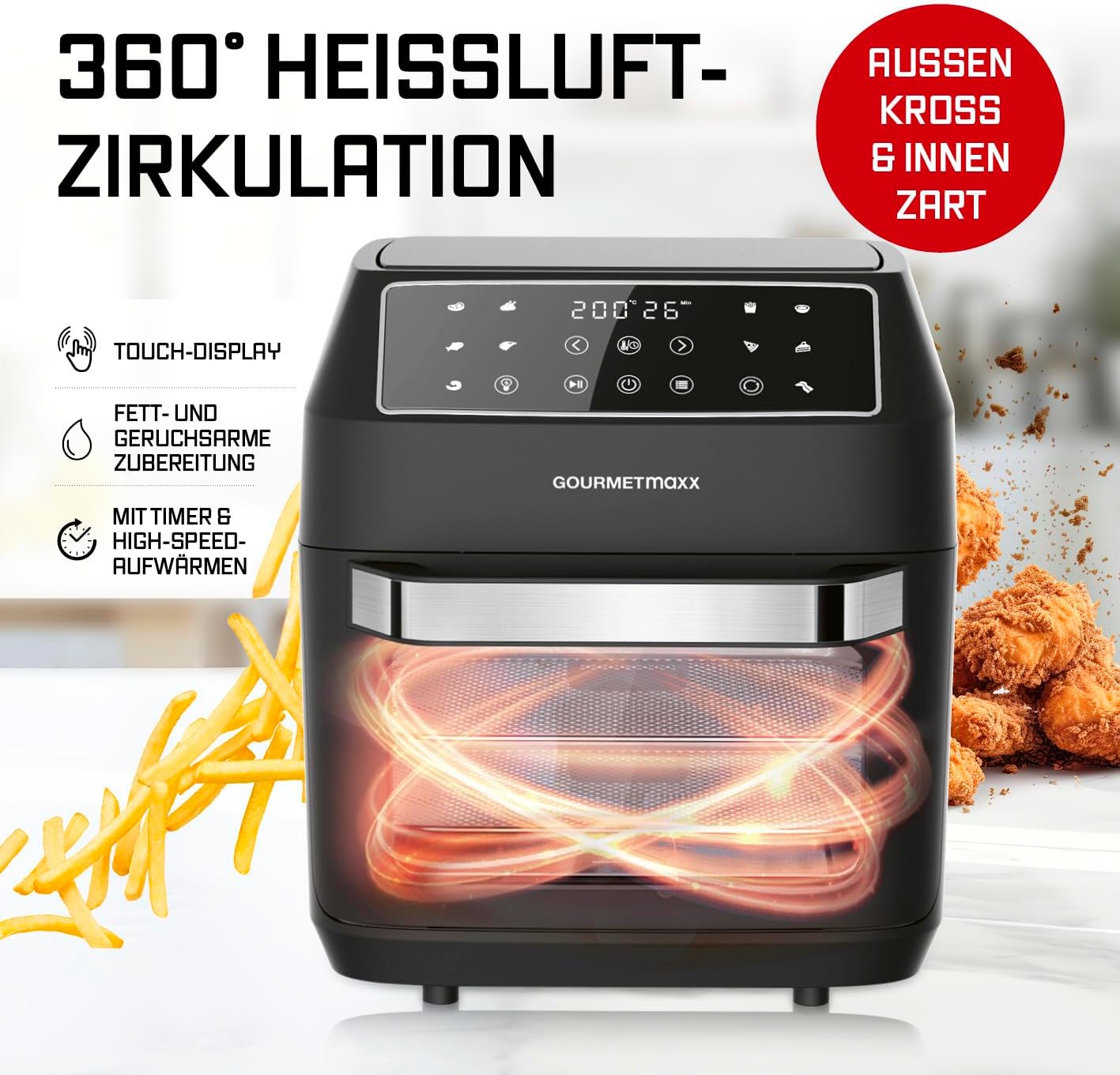GOURMETmaxx Heißluftfritteuse 12 L Airfryer | Fritteuse mit 9 Funktionen, Touchdisplay, Dreh- & Schaschlikspießen | 10 Programme inkl. Pizza | Minibackofen 1700 W – nahezu ohne Öl — Ansicht 5