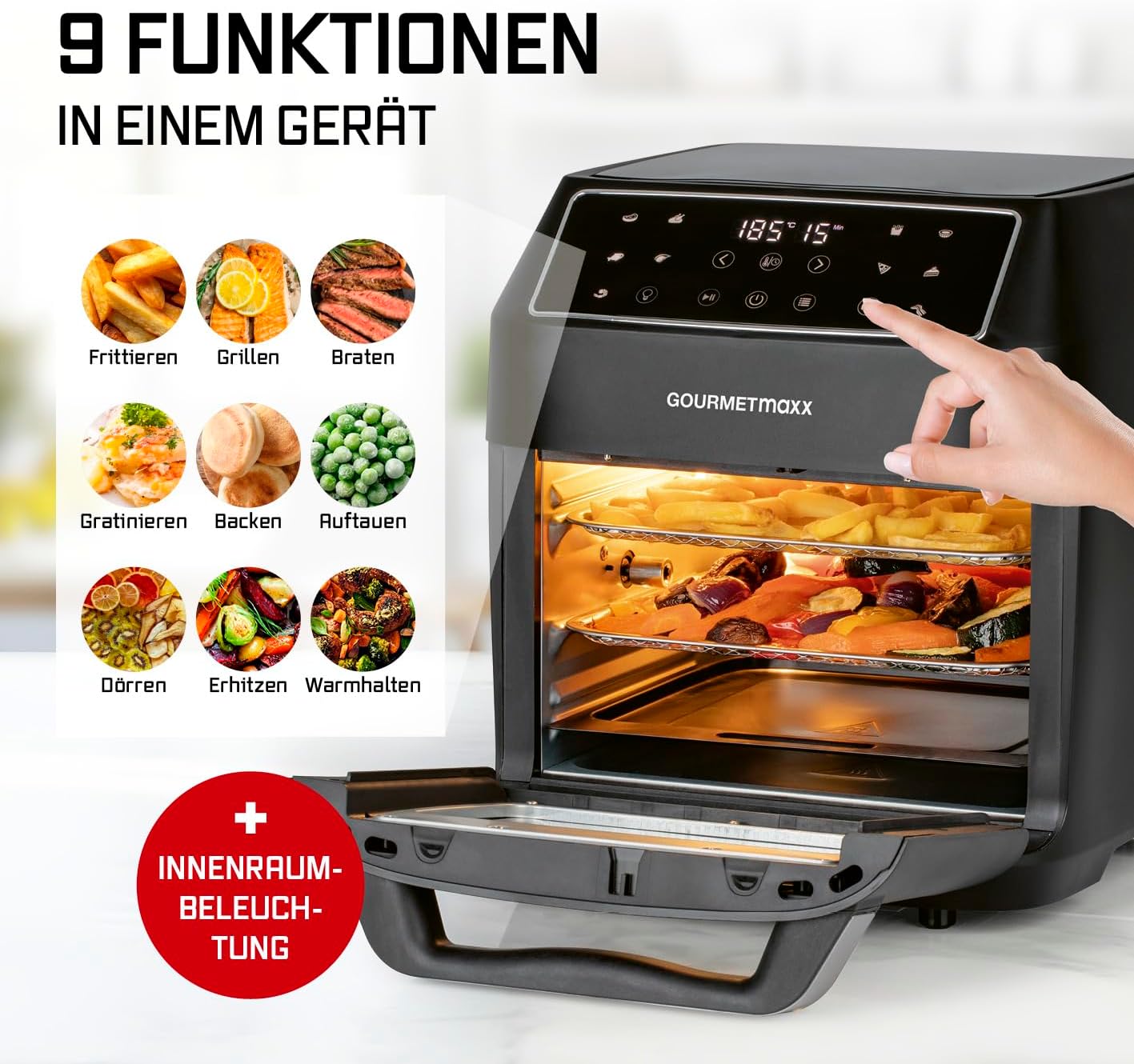 GOURMETmaxx Heißluftfritteuse 12 L Airfryer | Fritteuse mit 9 Funktionen, Touchdisplay, Dreh- & Schaschlikspießen | 10 Programme inkl. Pizza | Minibackofen 1700 W – nahezu ohne Öl — Ansicht 6
