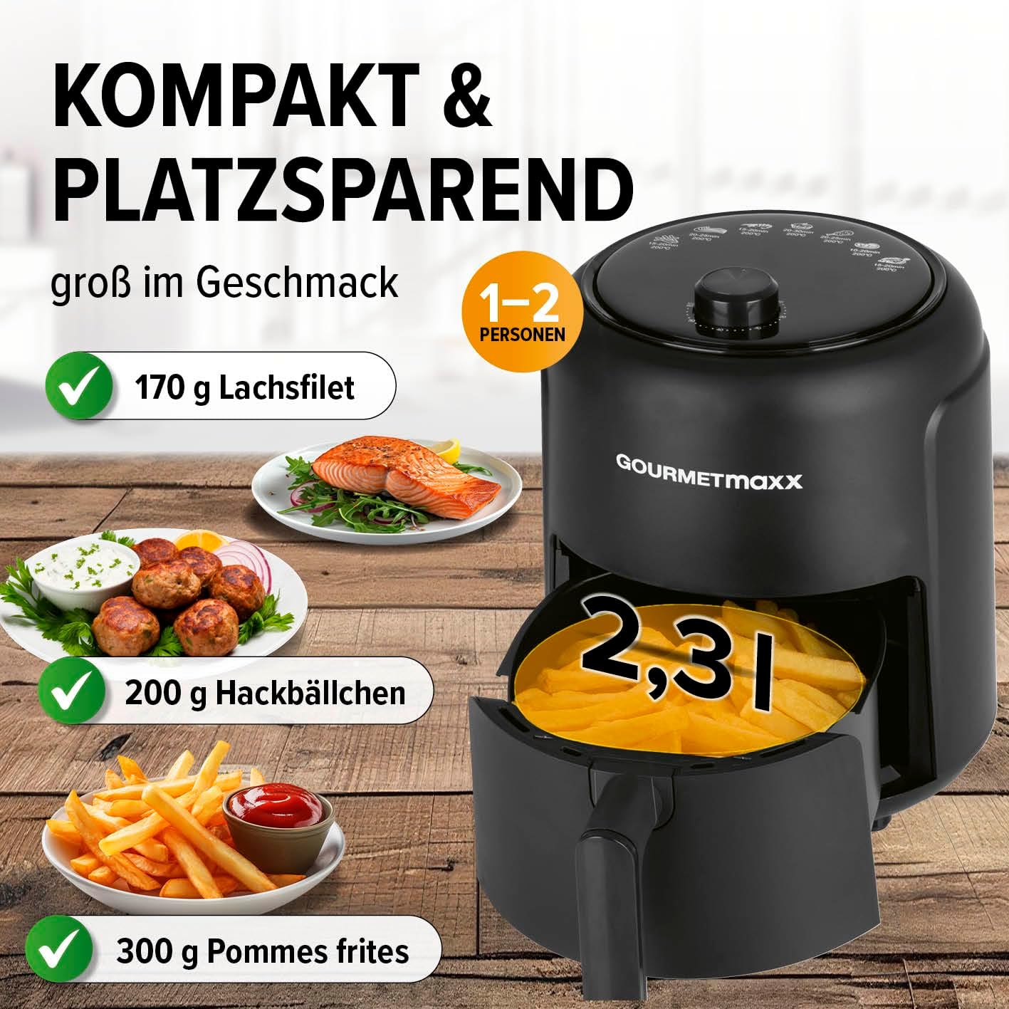 GOURMETmaxx Heißluftfritteuse 2,3L - inkl. 50 Backpapierschalen | Airfryer mit 60 Minuten Timer und 9 Funktionen inkl. Vorheizen & Warmhalten | energiesparend & geruchsarm frittieren – nahezu ohne Öl — Ansicht 2