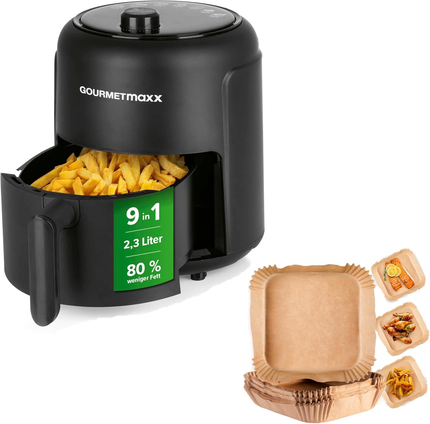 GOURMETmaxx Heißluftfritteuse 2,3L - inkl. 50 Backpapierschalen | Airfryer mit 60 Minuten Timer und 9 Funktionen inkl. Vorheizen & Warmhalten | energiesparend & geruchsarm frittieren – nahezu ohne Öl
