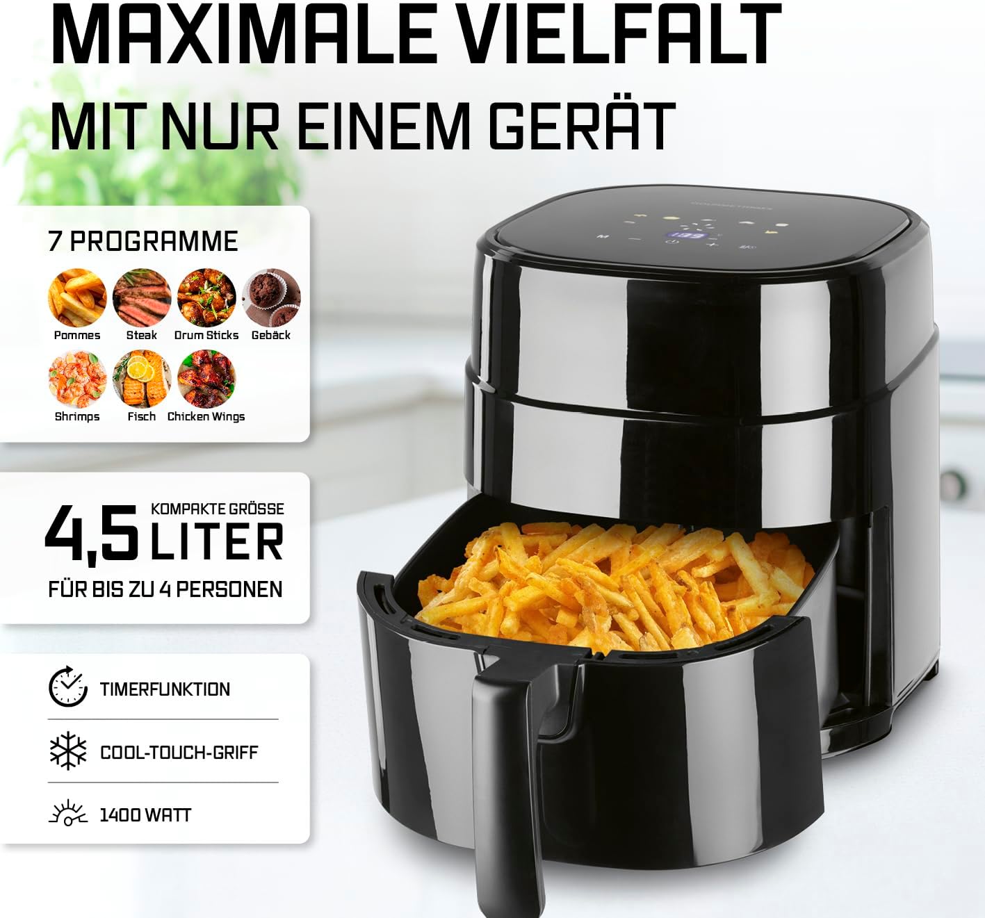 GOURMETmaxx Heißluftfritteuse 4,5L – Airfryer 1400W mit digitalem Farbdisplay, Timer, automatischer Abschaltung & Überhitzungsschutz, spülmaschinenfestes Zubehör, fettfrei frittieren – Schwarz — Ansicht 2