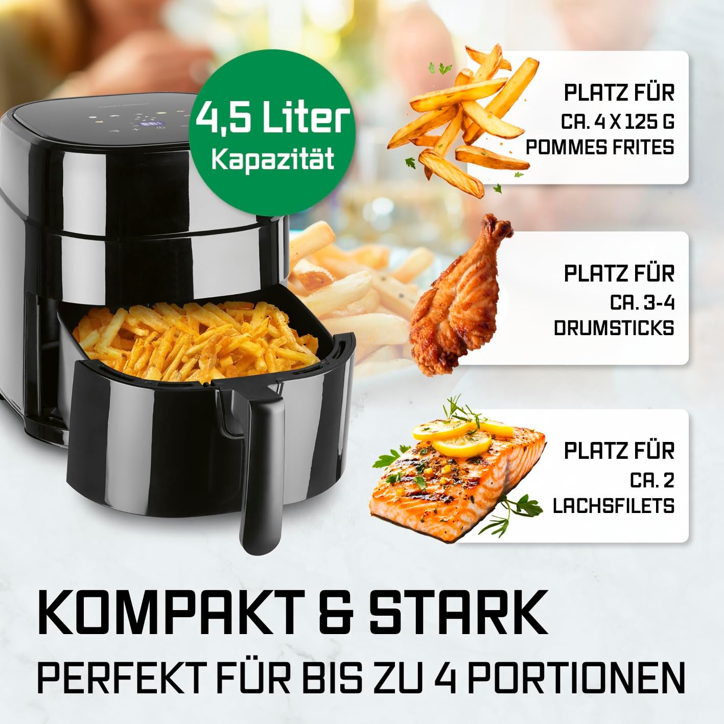 GOURMETmaxx Heißluftfritteuse 4,5L – Airfryer 1400W mit digitalem Farbdisplay, Timer, automatischer Abschaltung & Überhitzungsschutz, spülmaschinenfestes Zubehör, fettfrei frittieren – Schwarz — Ansicht 3