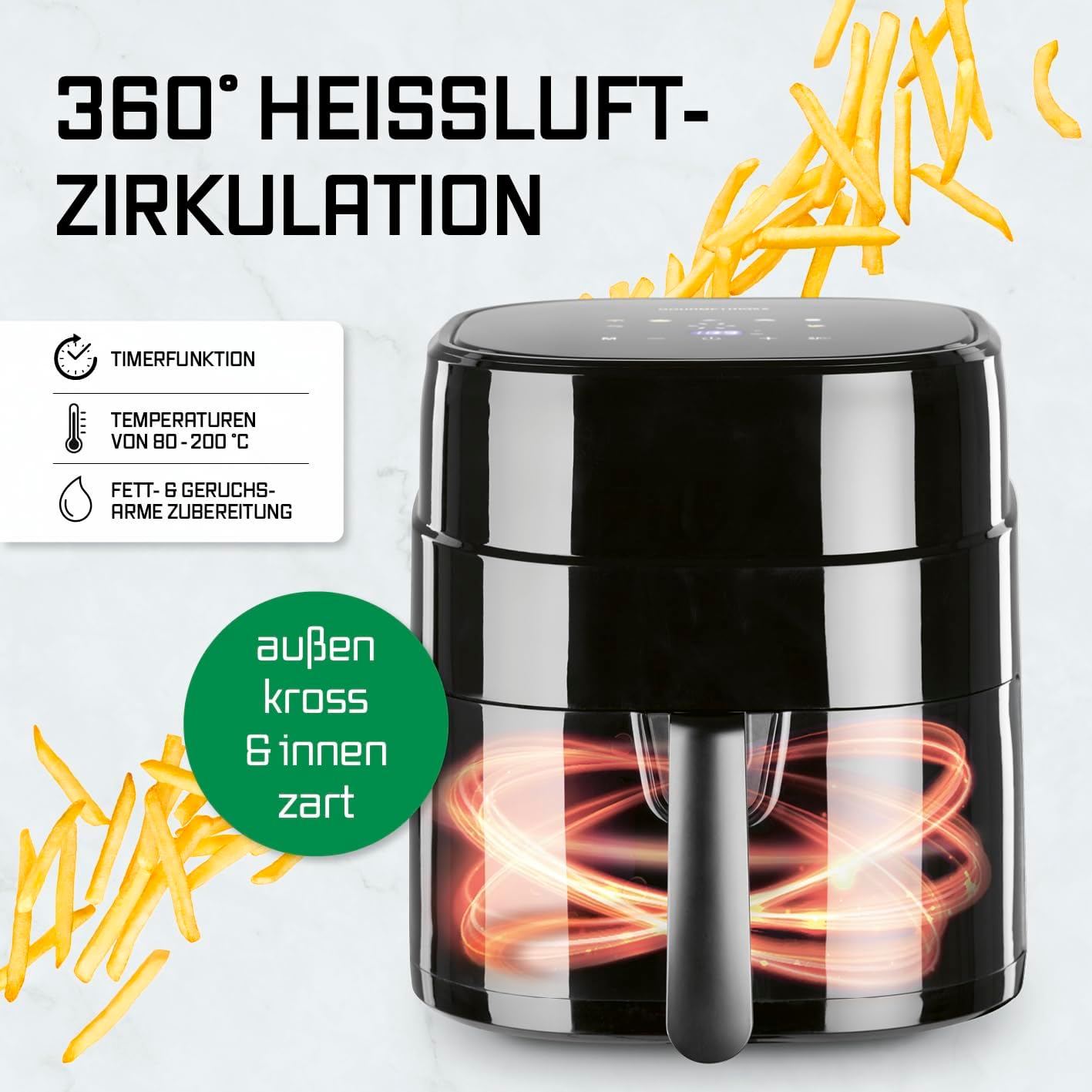 GOURMETmaxx Heißluftfritteuse 4,5L – Airfryer 1400W mit digitalem Farbdisplay, Timer, automatischer Abschaltung & Überhitzungsschutz, spülmaschinenfestes Zubehör, fettfrei frittieren – Schwarz — Ansicht 4