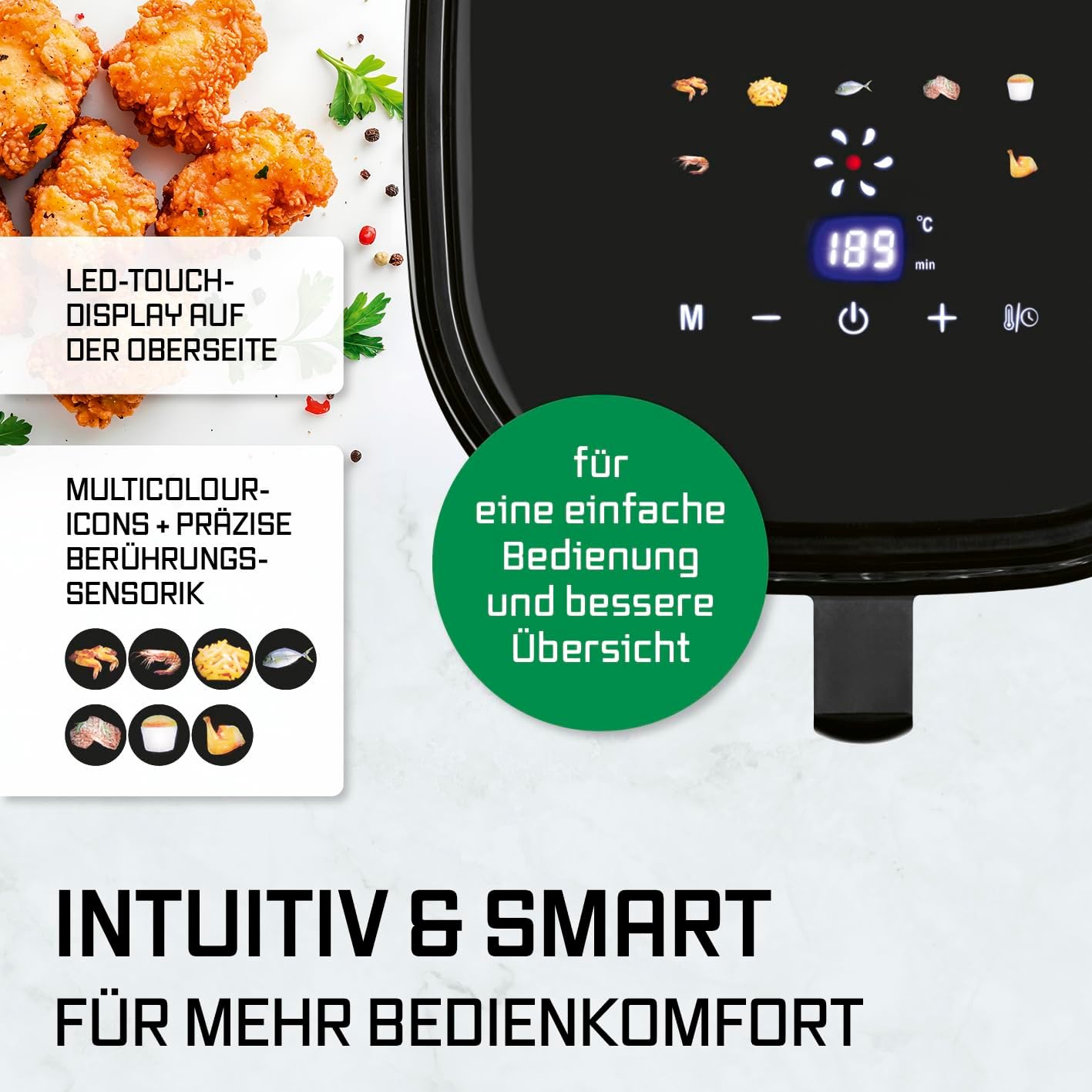 GOURMETmaxx Heißluftfritteuse 4,5L – Airfryer 1400W mit digitalem Farbdisplay, Timer, automatischer Abschaltung & Überhitzungsschutz, spülmaschinenfestes Zubehör, fettfrei frittieren – Schwarz — Ansicht 5