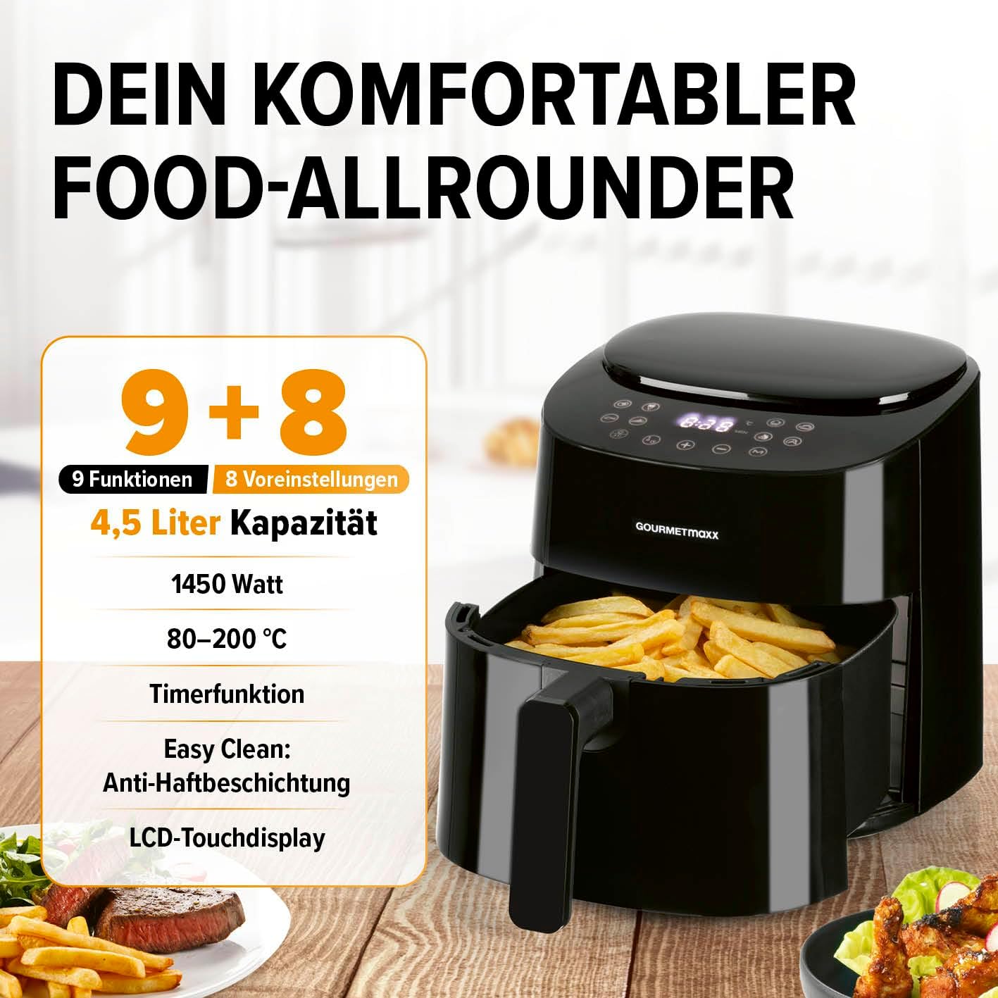 GOURMETmaxx Heißluftfritteuse | 4,5L Airfryer | Timer & Touchscreen | Fritteuse mit 9 Funktionen & 8 Programmen | energiesparend frittieren, nahezu ohne Öl | Minibackofen - 1400 W — Ansicht 2