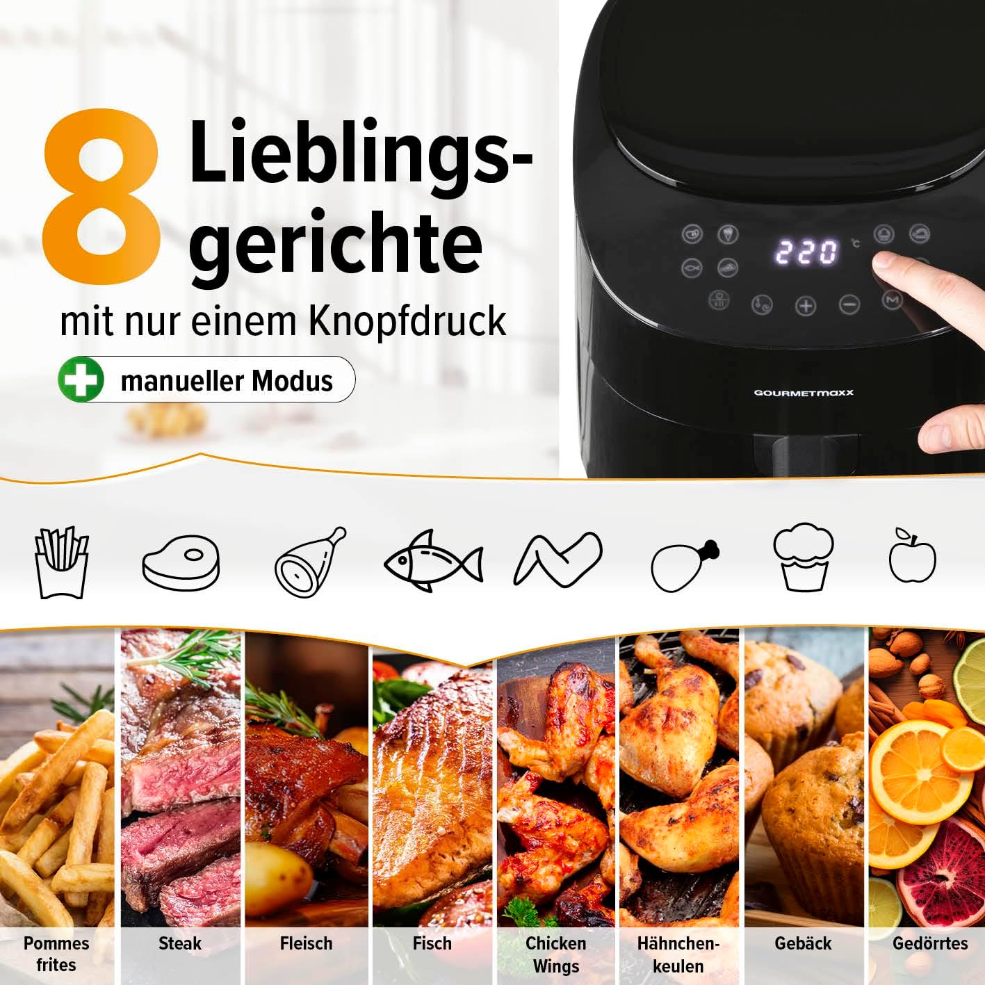 GOURMETmaxx Heißluftfritteuse | 4,5L Airfryer | Timer & Touchscreen | Fritteuse mit 9 Funktionen & 8 Programmen | energiesparend frittieren, nahezu ohne Öl | Minibackofen - 1400 W — Ansicht 3