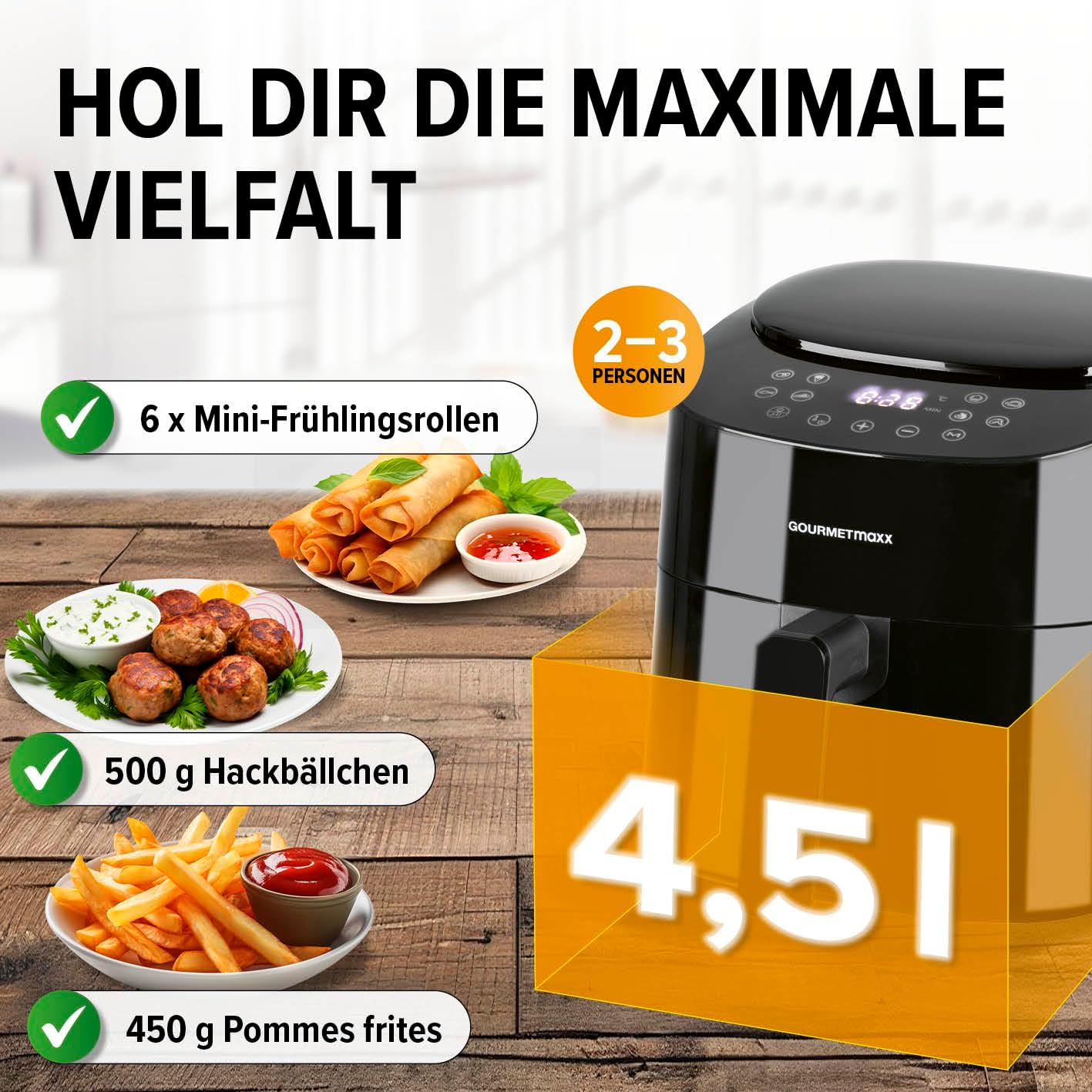 GOURMETmaxx Heißluftfritteuse | 4,5L Airfryer | Timer & Touchscreen | Fritteuse mit 9 Funktionen & 8 Programmen | energiesparend frittieren, nahezu ohne Öl | Minibackofen - 1400 W — Ansicht 4