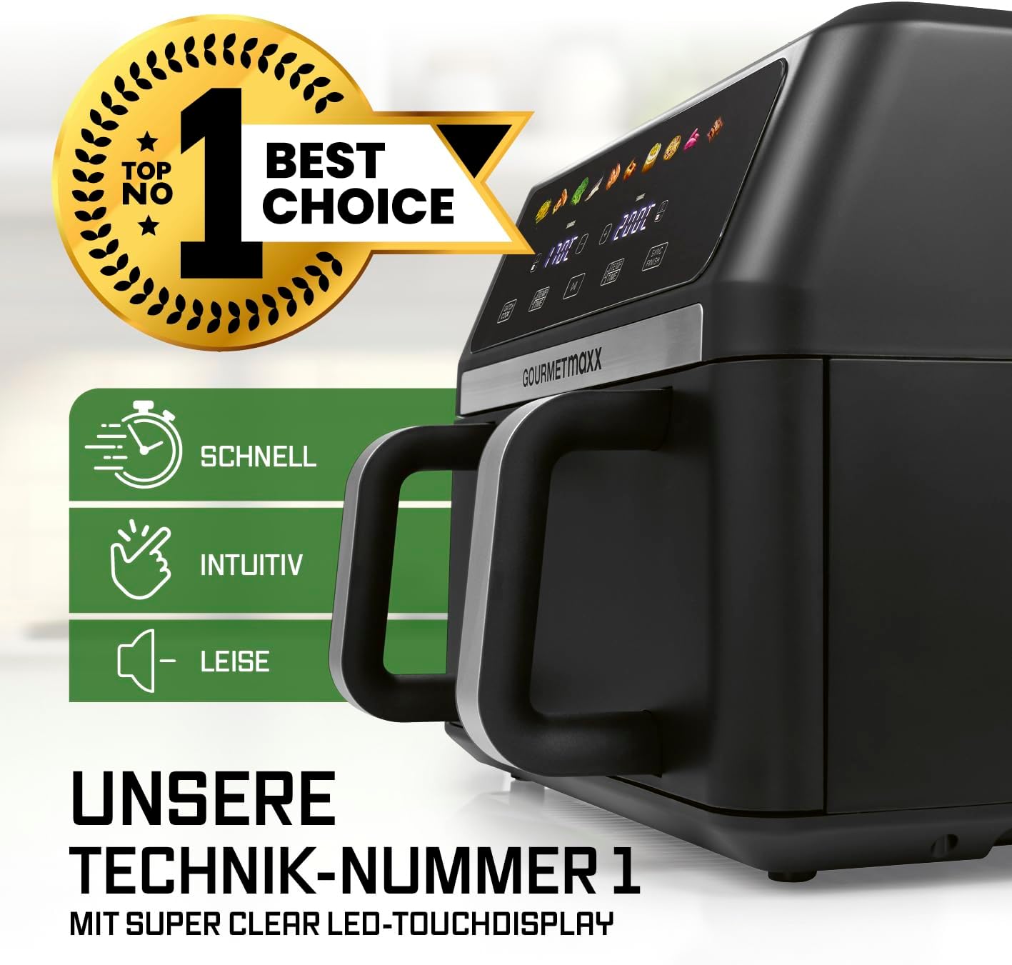 GOURMETmaxx Heißluftfritteuse AirGenius 10L | 2x5L Airfryer Vario-Kammer | Fritteuse mit 10 Programmen & Touchscreen | Heißluftfritteuse 2 Kammern | Heissluftfritteuse Doppelkammer für max. 8 Personen — Ansicht 2
