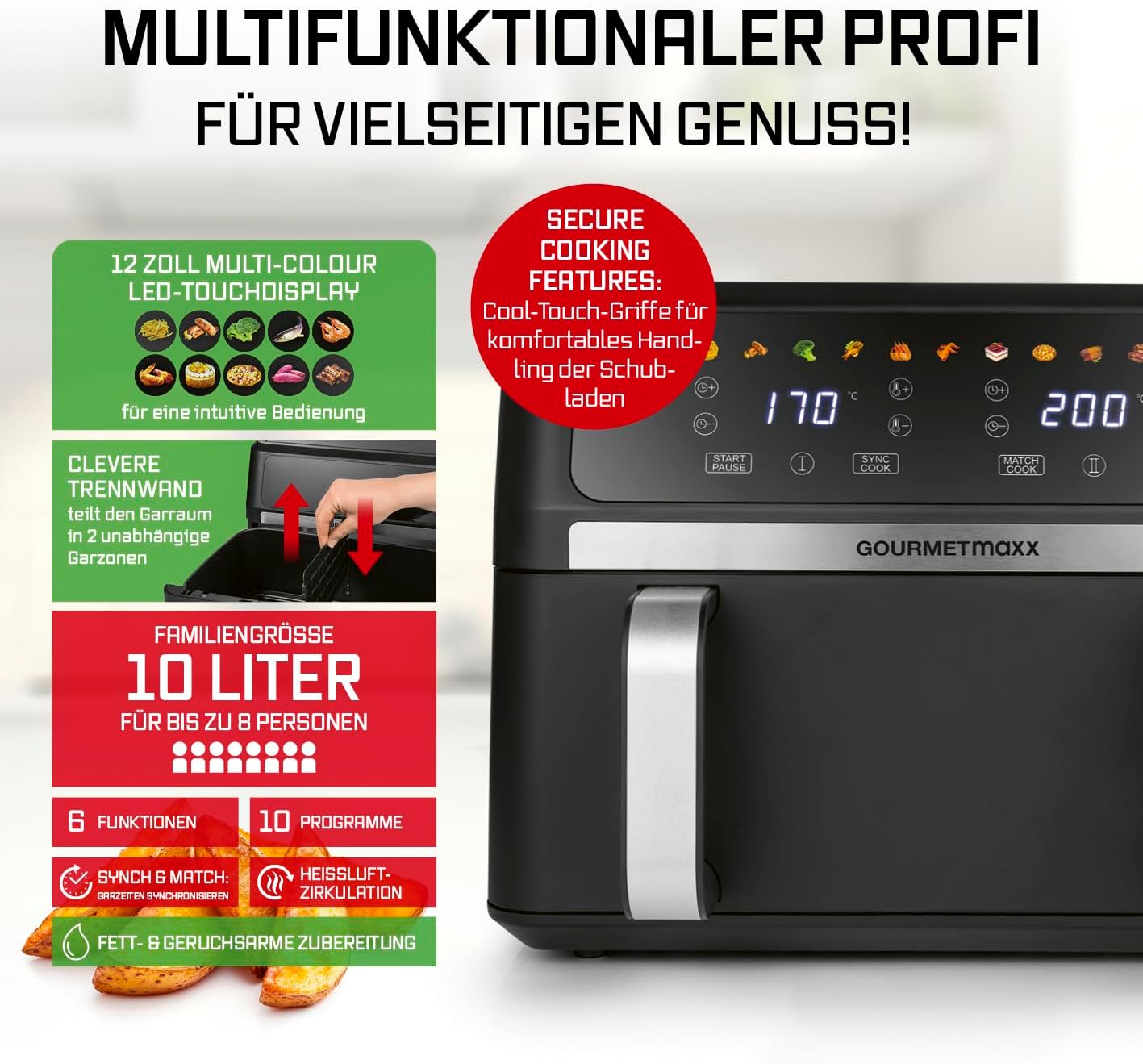 GOURMETmaxx Heißluftfritteuse AirGenius 10L | 2x5L Airfryer Vario-Kammer | Fritteuse mit 10 Programmen & Touchscreen | Heißluftfritteuse 2 Kammern | Heissluftfritteuse Doppelkammer für max. 8 Personen — Ansicht 3