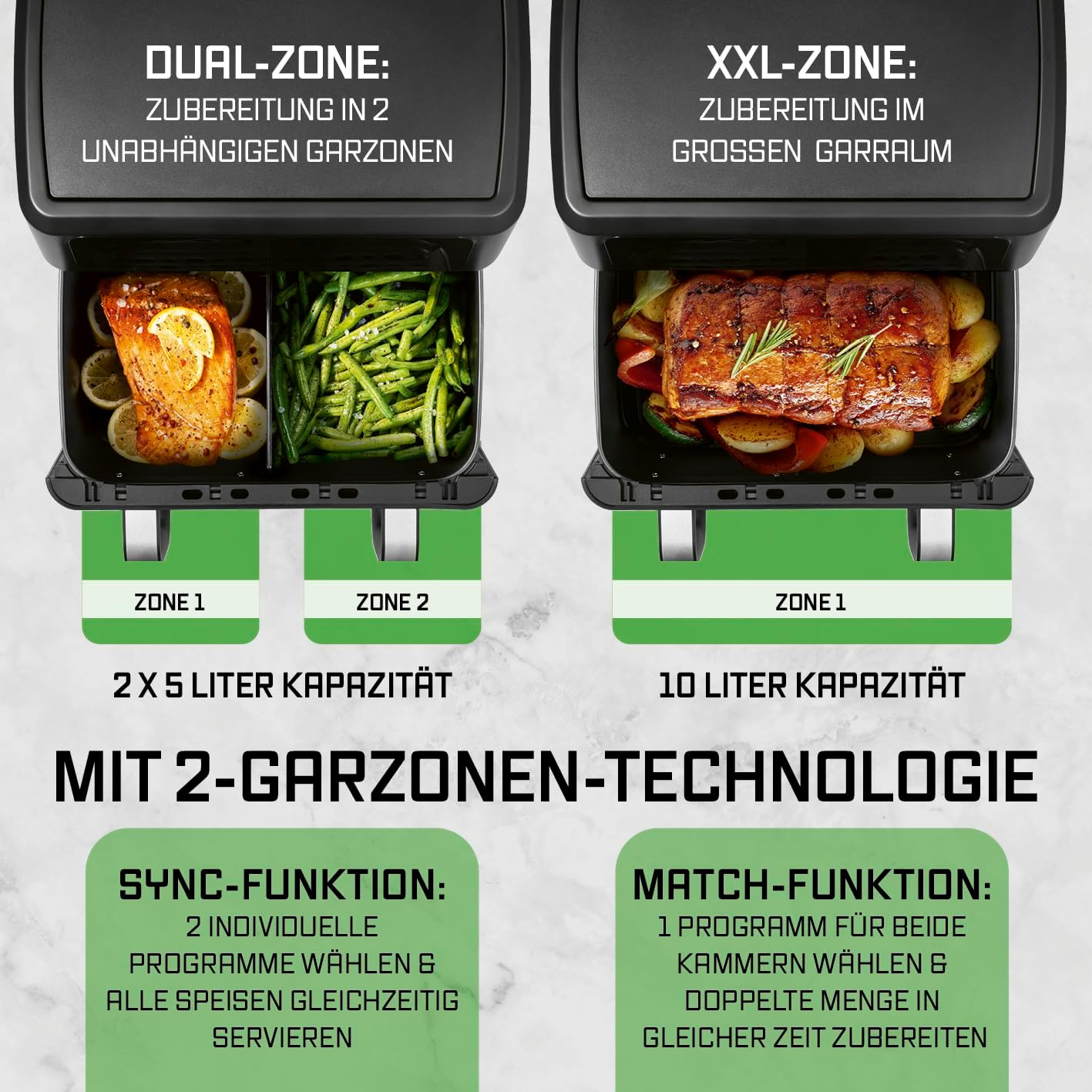 GOURMETmaxx Heißluftfritteuse AirGenius 10L | 2x5L Airfryer Vario-Kammer | Fritteuse mit 10 Programmen & Touchscreen | Heißluftfritteuse 2 Kammern | Heissluftfritteuse Doppelkammer für max. 8 Personen — Ansicht 6