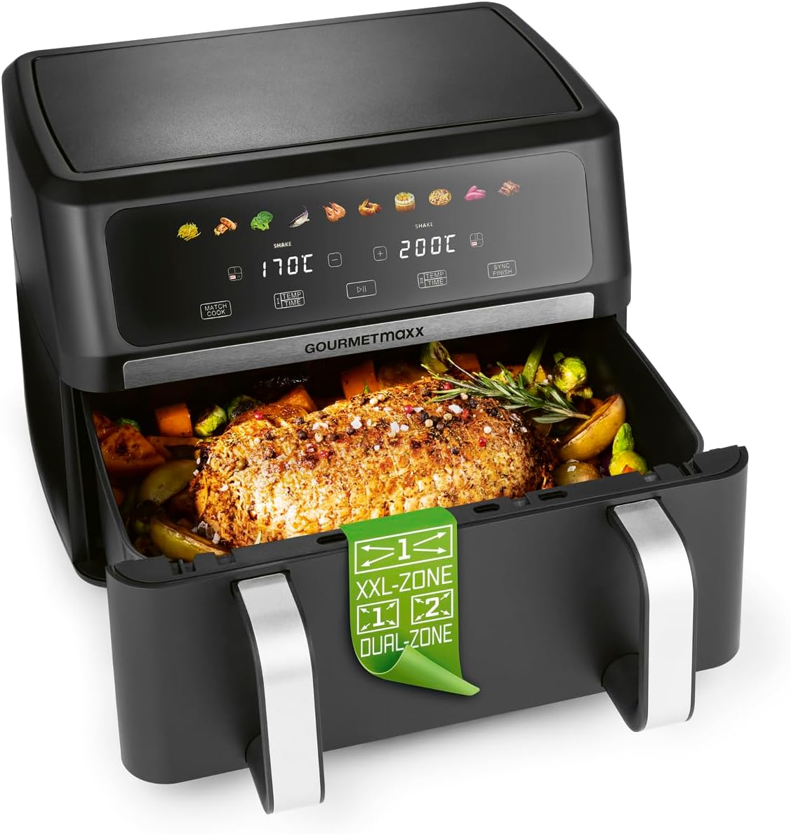 GOURMETmaxx Heißluftfritteuse AirGenius 10L | 2x5L Airfryer Vario-Kammer | Fritteuse mit 10 Programmen & Touchscreen | Heißluftfritteuse 2 Kammern | Heissluftfritteuse Doppelkammer für max. 8 Personen
