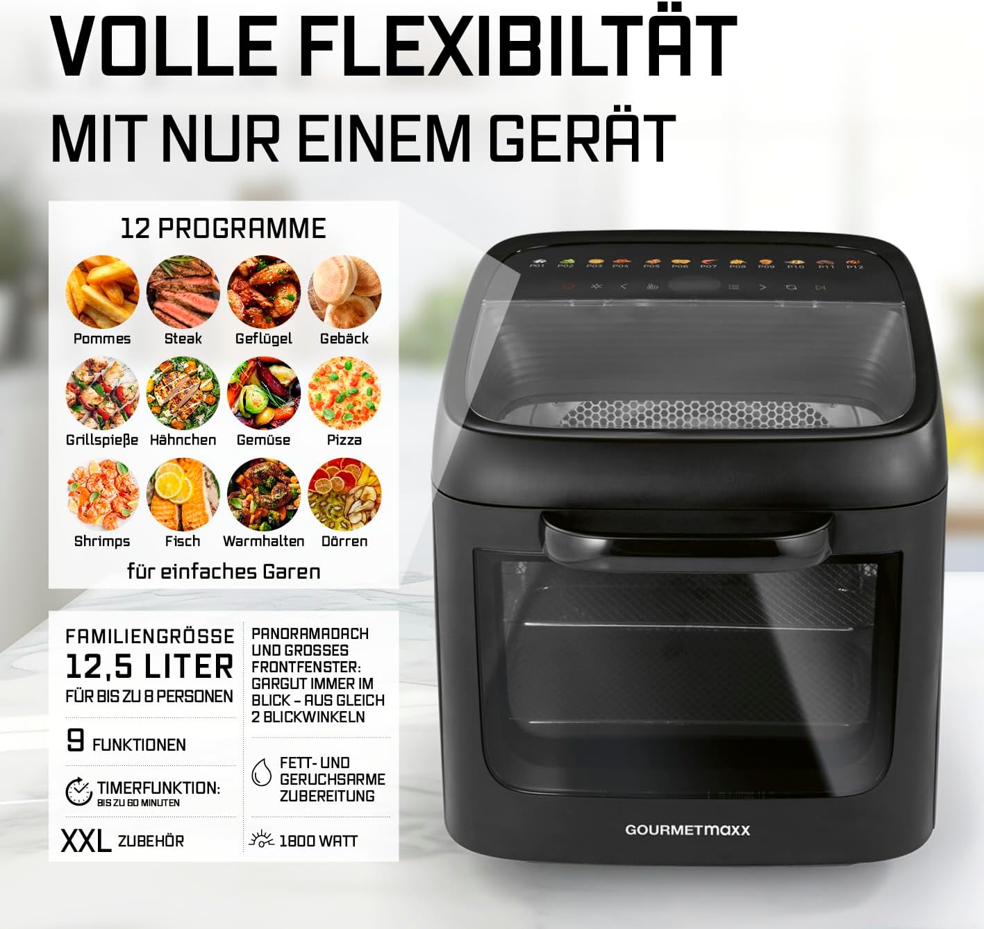 GOURMETmaxx Heißluftofen mit Panoramadach & Frontfenster 12,5 L | Heißluftfritteuse mit 9 Funktionen | Airfryer, Fritteuse & Minibackofen in 1 | für max. 8 Personen | Heißluftfritteuse mit Farb-Icons — Ansicht 2