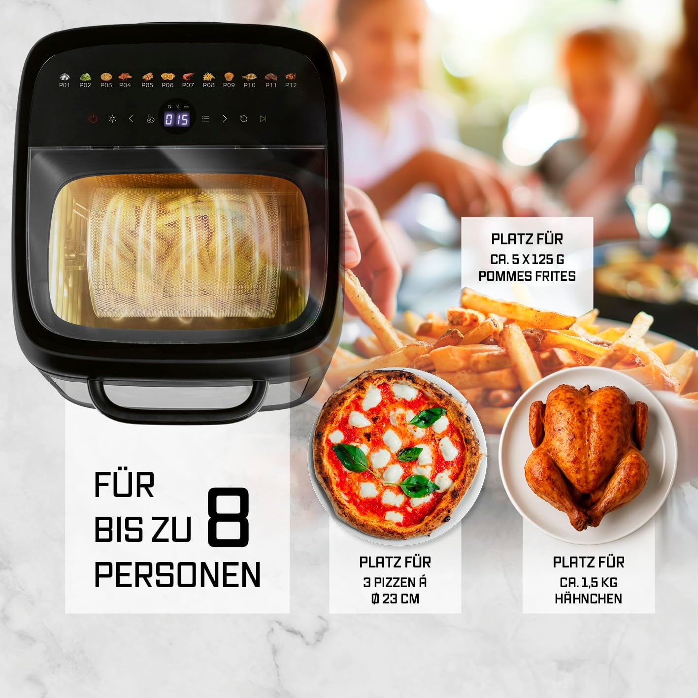 GOURMETmaxx Heißluftofen mit Panoramadach & Frontfenster 12,5 L | Heißluftfritteuse mit 9 Funktionen | Airfryer, Fritteuse & Minibackofen in 1 | für max. 8 Personen | Heißluftfritteuse mit Farb-Icons — Ansicht 3