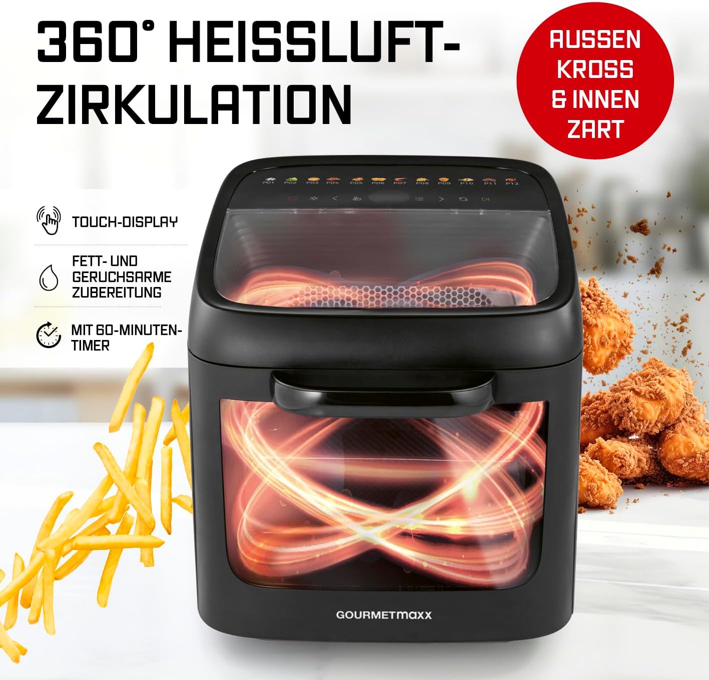 GOURMETmaxx Heißluftofen mit Panoramadach & Frontfenster 12,5 L | Heißluftfritteuse mit 9 Funktionen | Airfryer, Fritteuse & Minibackofen in 1 | für max. 8 Personen | Heißluftfritteuse mit Farb-Icons — Ansicht 6