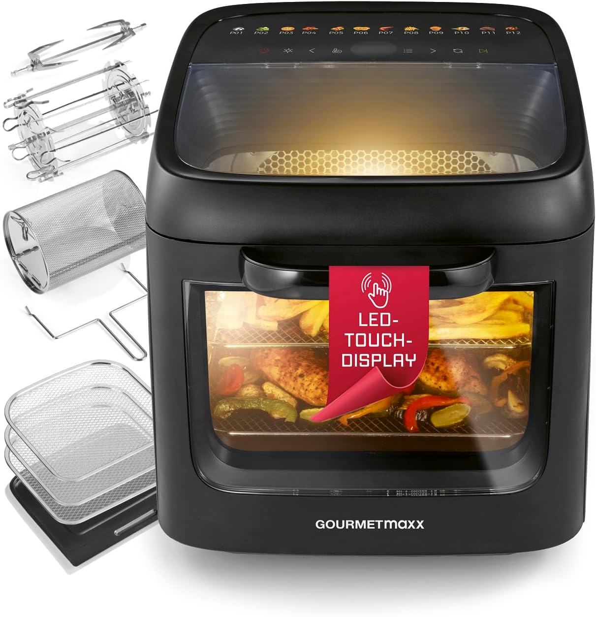 GOURMETmaxx Heißluftofen mit Panoramadach & Frontfenster 12,5 L | Heißluftfritteuse mit 9 Funktionen | Airfryer, Fritteuse & Minibackofen in 1 | für max. 8 Personen | Heißluftfritteuse mit Farb-Icons