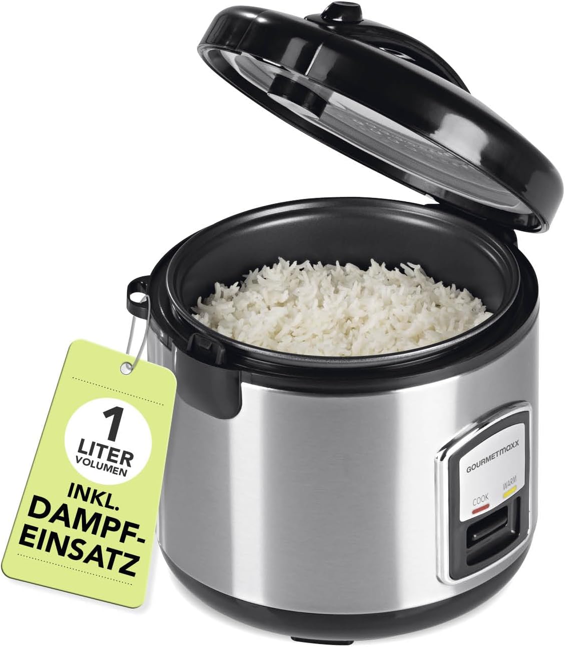 GOURMETmaxx Kompakt-Reiskocher & Dampfgarer, 1L, inkl. Dampfeinsatz, Gartopf, Reislöffel & Messbecher, Warmhaltefunktion, ideal für kleine Familien & Singles, spülmaschinengeeignet