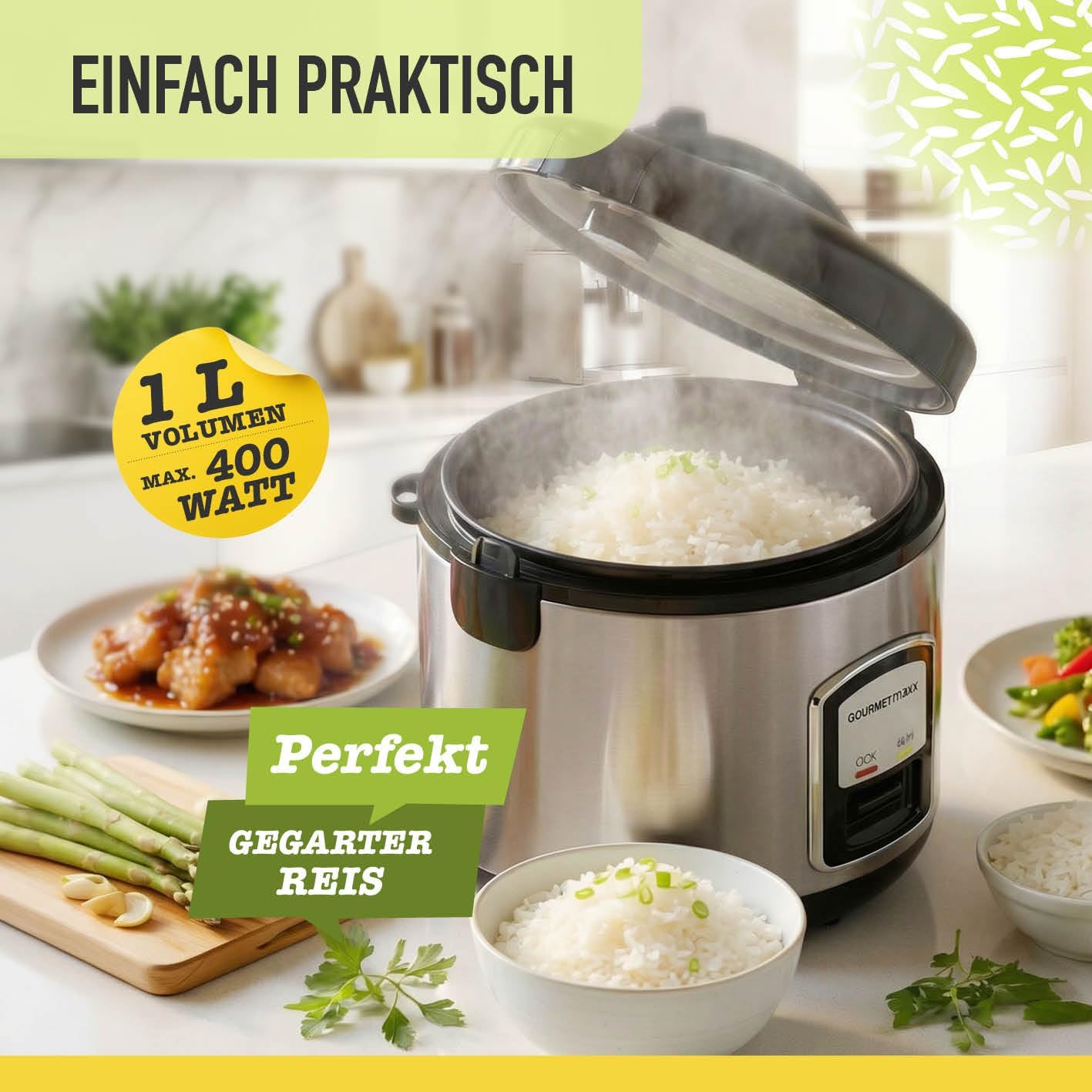 GOURMETmaxx Kompakt-Reiskocher & Dampfgarer, 1L, inkl. Dampfeinsatz, Gartopf, Reislöffel & Messbecher, Warmhaltefunktion, ideal für kleine Familien & Singles, spülmaschinengeeignet — Ansicht 2