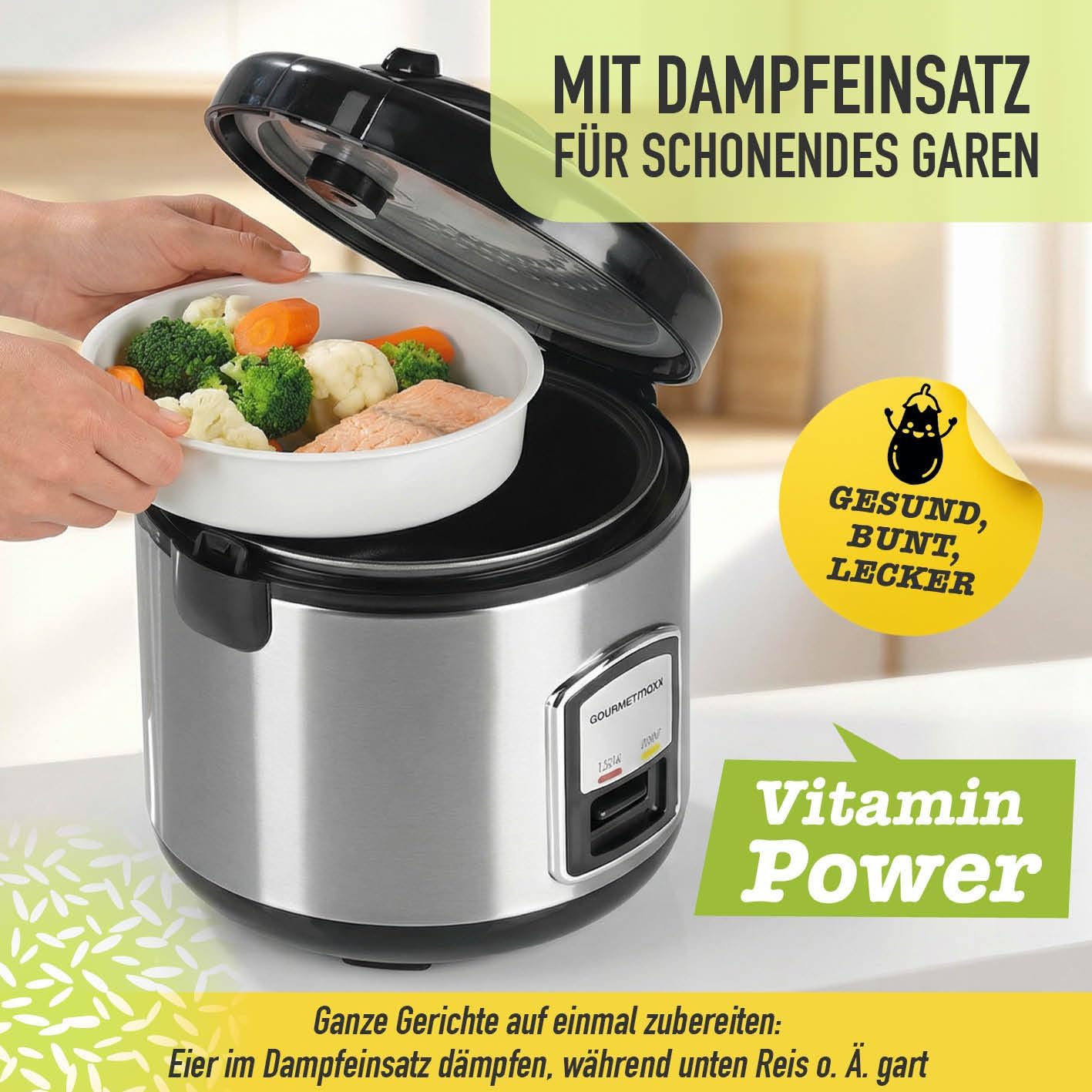 GOURMETmaxx Kompakt-Reiskocher & Dampfgarer, 1L, inkl. Dampfeinsatz, Gartopf, Reislöffel & Messbecher, Warmhaltefunktion, ideal für kleine Familien & Singles, spülmaschinengeeignet — Ansicht 3