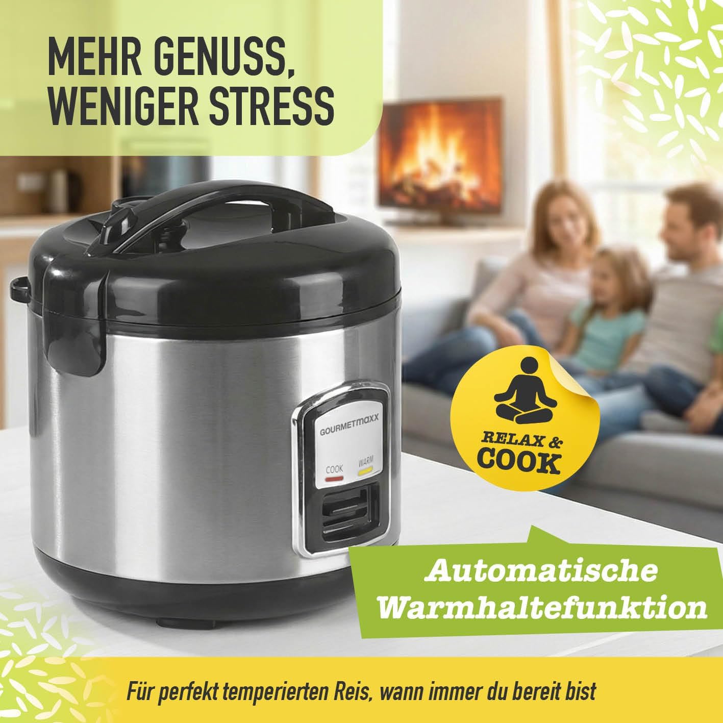 GOURMETmaxx Kompakt-Reiskocher & Dampfgarer, 1L, inkl. Dampfeinsatz, Gartopf, Reislöffel & Messbecher, Warmhaltefunktion, ideal für kleine Familien & Singles, spülmaschinengeeignet — Ansicht 4