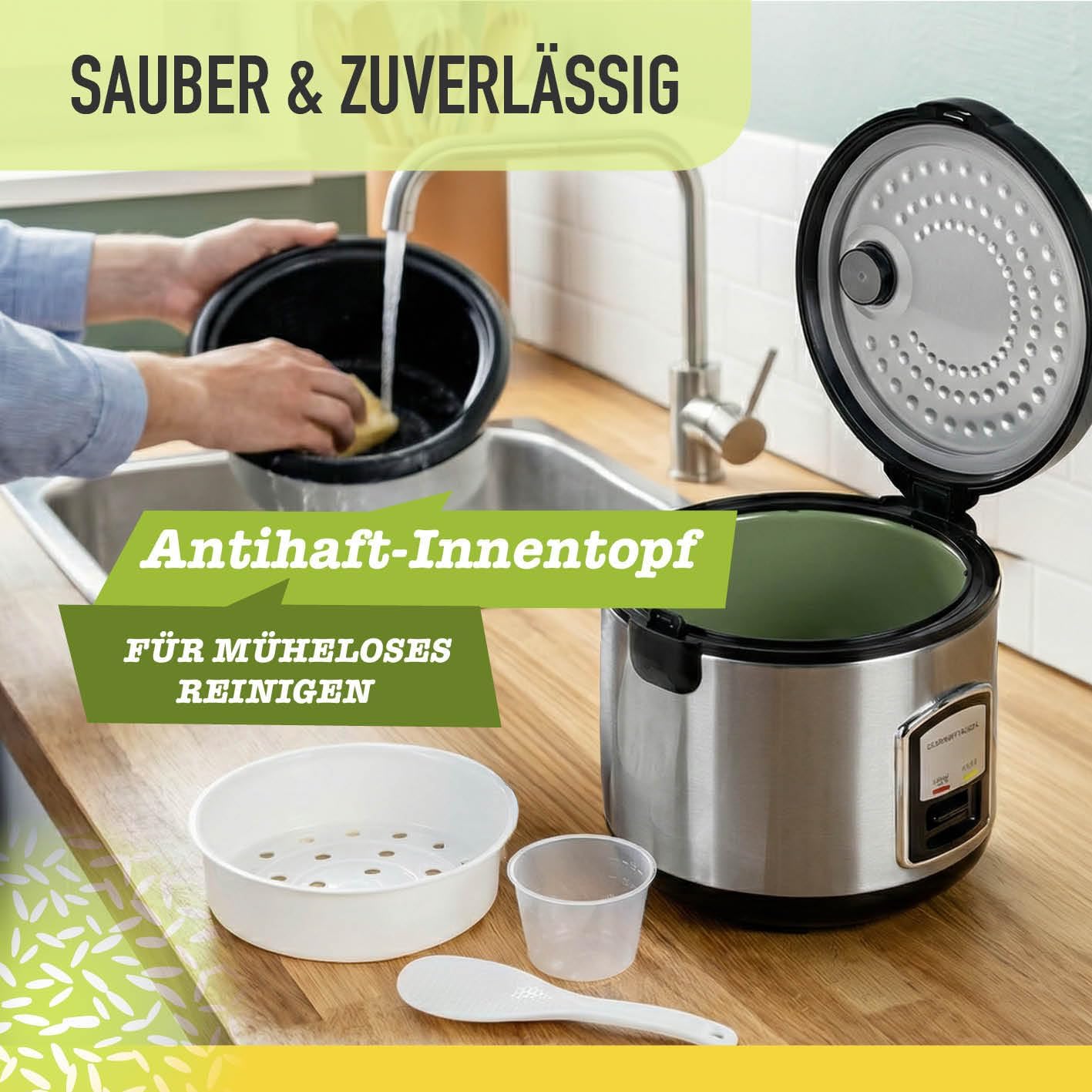 GOURMETmaxx Kompakt-Reiskocher & Dampfgarer, 1L, inkl. Dampfeinsatz, Gartopf, Reislöffel & Messbecher, Warmhaltefunktion, ideal für kleine Familien & Singles, spülmaschinengeeignet — Ansicht 5