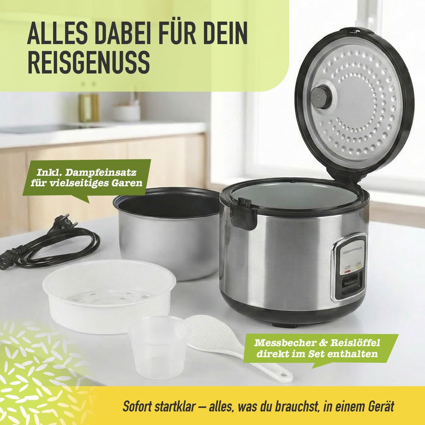 GOURMETmaxx Kompakt-Reiskocher & Dampfgarer, 1L, inkl. Dampfeinsatz, Gartopf, Reislöffel & Messbecher, Warmhaltefunktion, ideal für kleine Familien & Singles, spülmaschinengeeignet — Ansicht 6