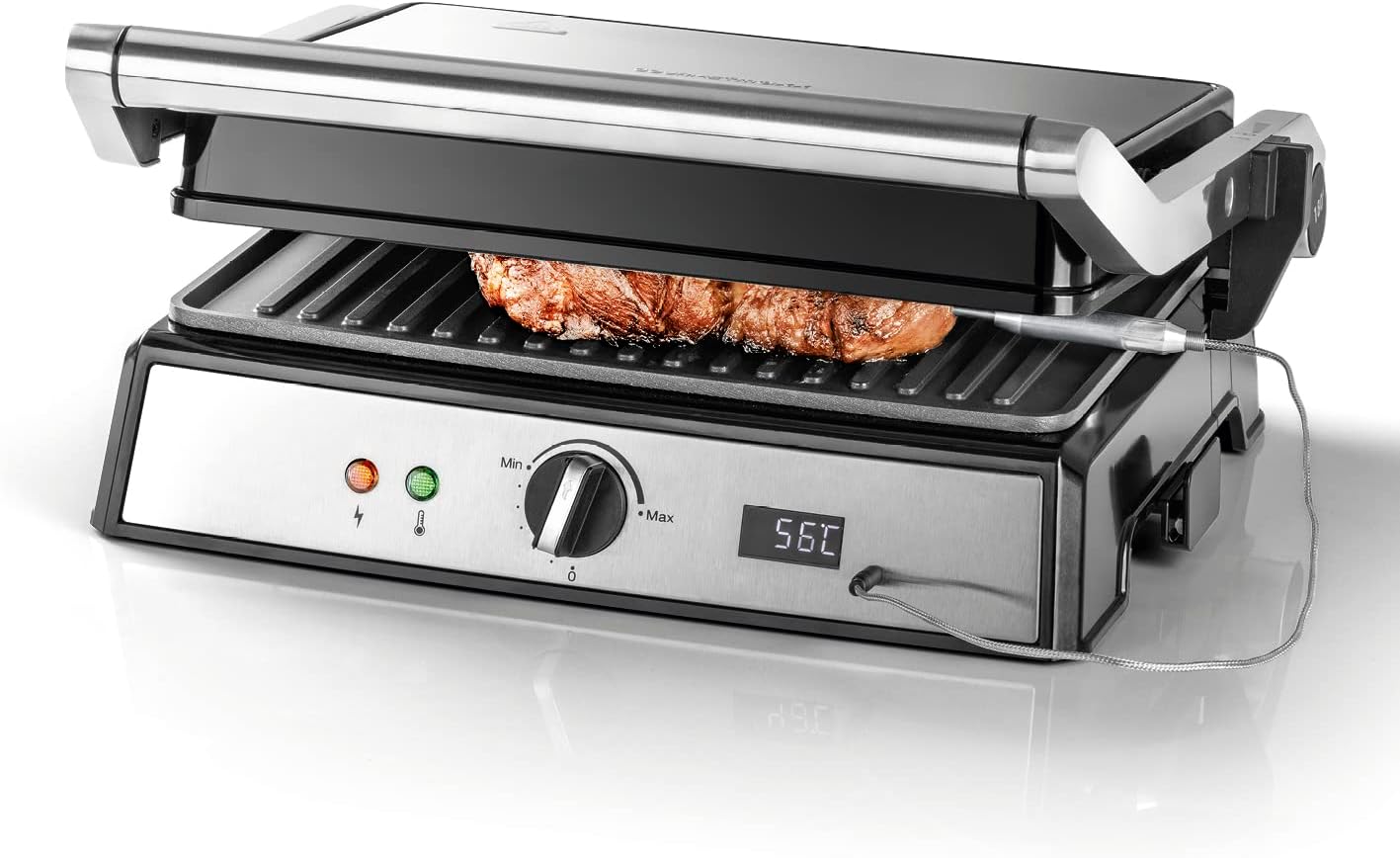 GOURMETmaxx Kontakt-Grill | Sandwichtoaster | Fettarmes Grillen | Fisch, Steaks, Burger, Paninis oder Sandwiches | Antihaftbeschichtung | Digitales Display | 2000 W [Edelstahl-Schwarz] — Ansicht 2
