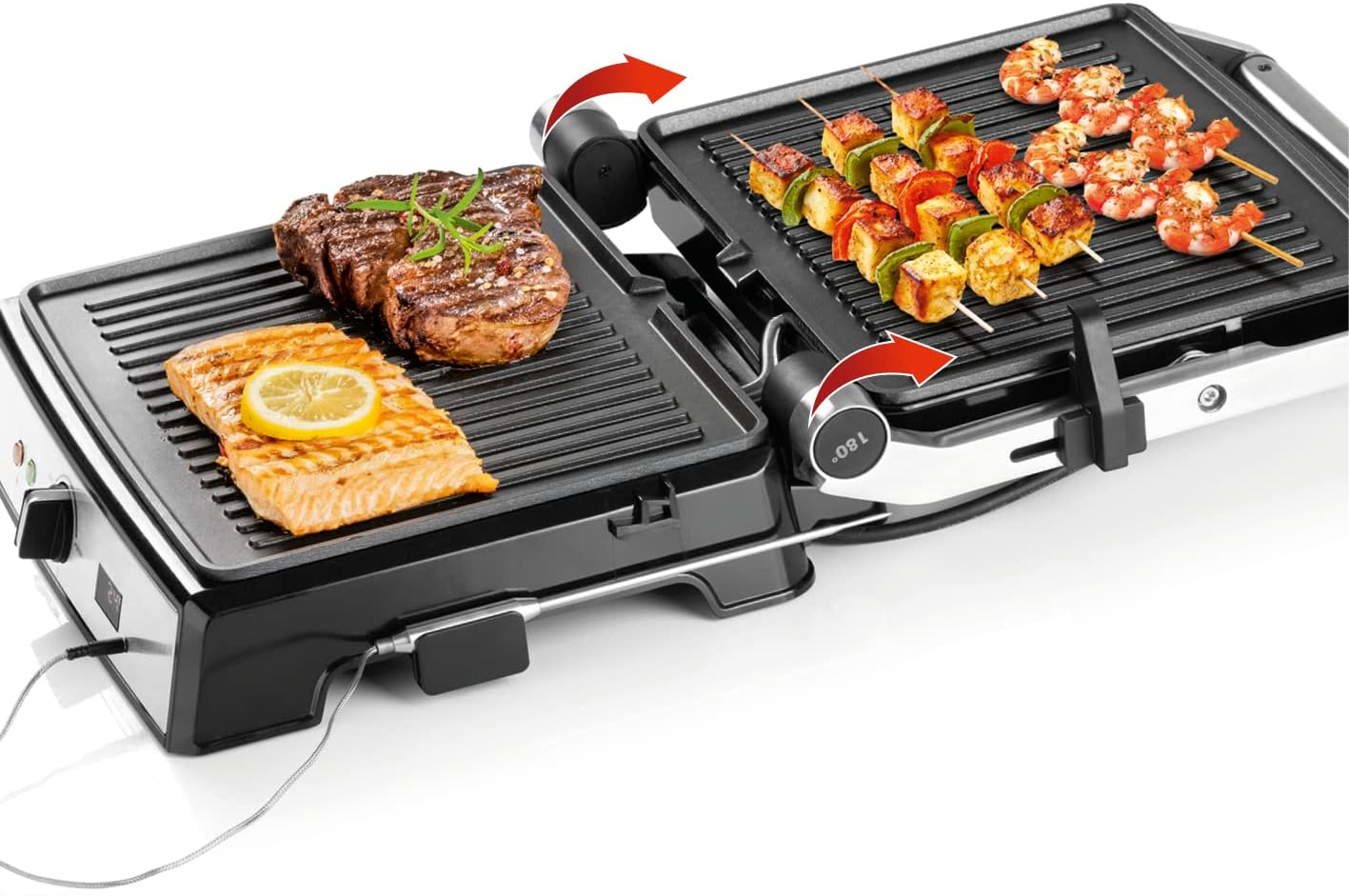 GOURMETmaxx Kontakt-Grill | Sandwichtoaster | Fettarmes Grillen | Fisch, Steaks, Burger, Paninis oder Sandwiches | Antihaftbeschichtung | Digitales Display | 2000 W [Edelstahl-Schwarz] — Ansicht 3