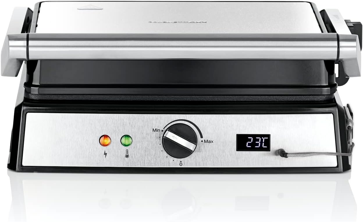 GOURMETmaxx Kontakt-Grill | Sandwichtoaster | Fettarmes Grillen | Fisch, Steaks, Burger, Paninis oder Sandwiches | Antihaftbeschichtung | Digitales Display | 2000 W [Edelstahl-Schwarz]