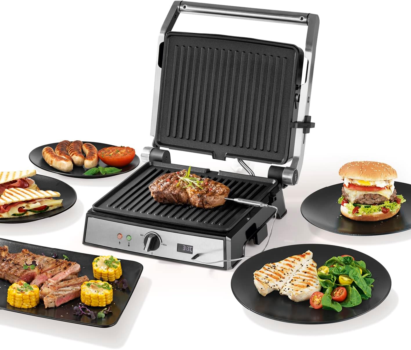 GOURMETmaxx Kontakt-Grill | Sandwichtoaster | Fettarmes Grillen | Fisch, Steaks, Burger, Paninis oder Sandwiches | Antihaftbeschichtung | Digitales Display | 2000 W [Edelstahl-Schwarz] — Ansicht 4