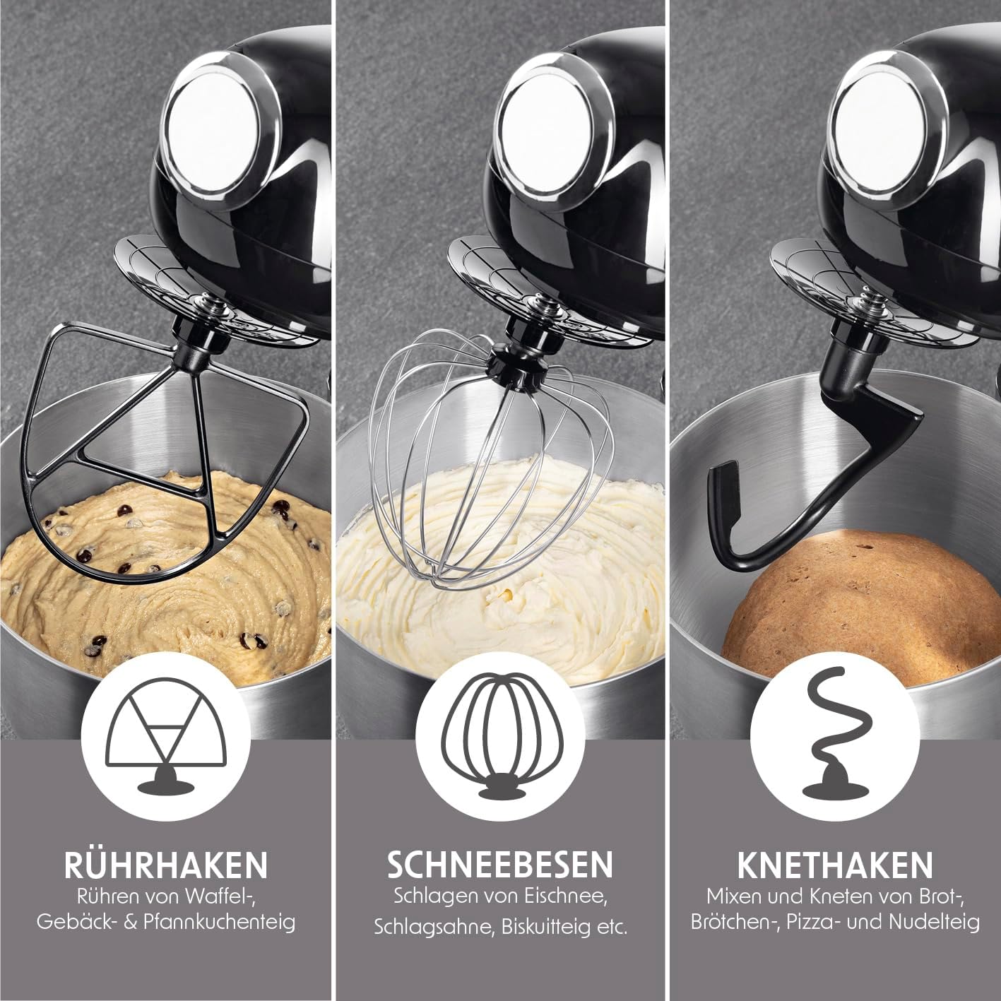 GOURMETmaxx Küchenmaschine & Rührgerät | Multifunktionale Küchenhilfe inkl. Rührschüssel und Aufsätze | Leistungsstarker Mixer mit Schneebesen und mehr | Elektrische Knetmaschine [schwarz] — Ansicht 2
