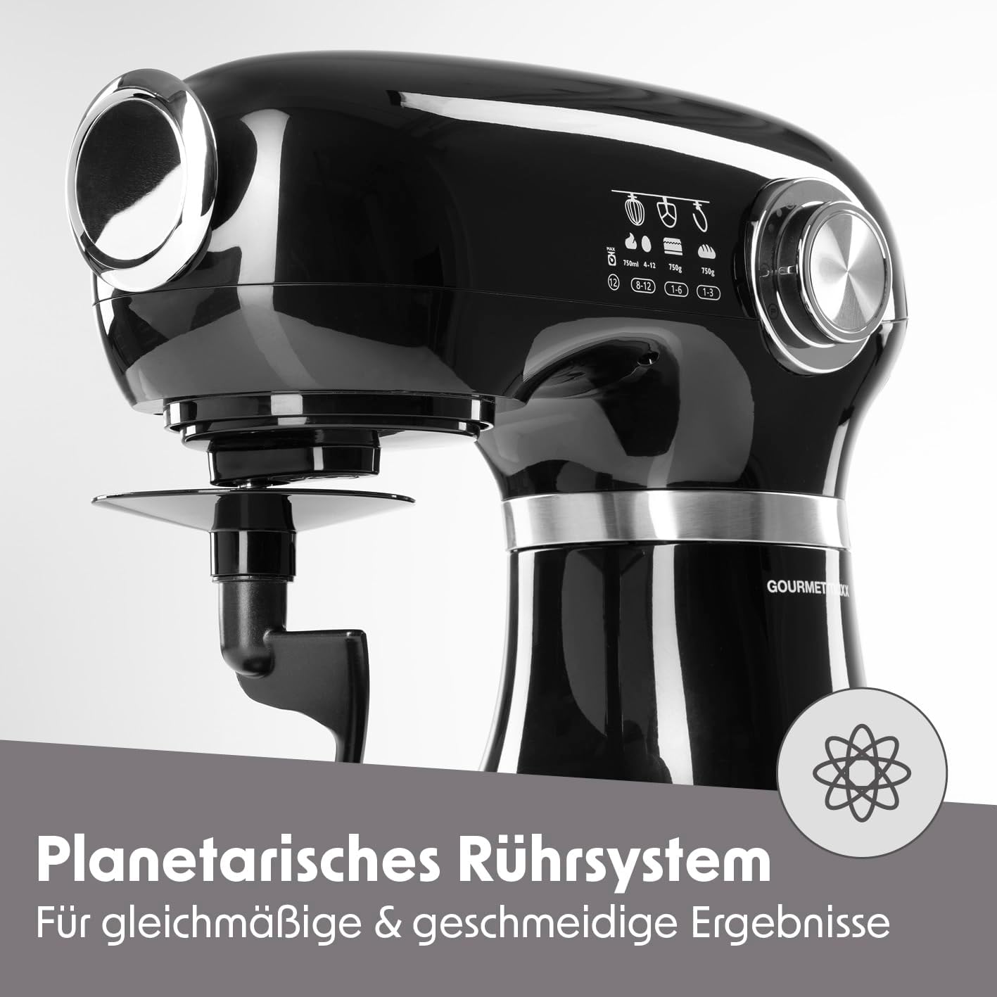 GOURMETmaxx Küchenmaschine & Rührgerät | Multifunktionale Küchenhilfe inkl. Rührschüssel und Aufsätze | Leistungsstarker Mixer mit Schneebesen und mehr | Elektrische Knetmaschine [schwarz] — Ansicht 4