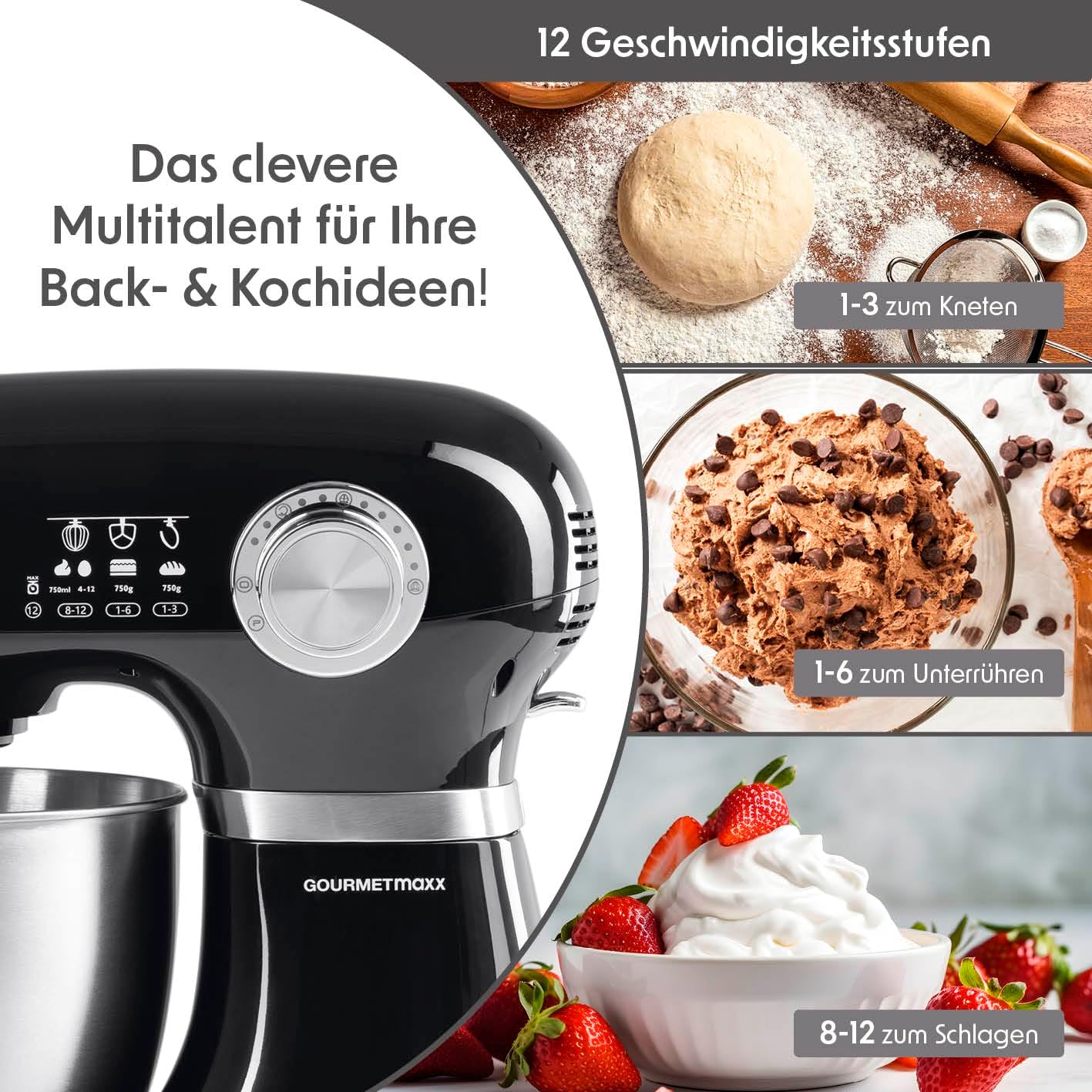 GOURMETmaxx Küchenmaschine & Rührgerät | Multifunktionale Küchenhilfe inkl. Rührschüssel und Aufsätze | Leistungsstarker Mixer mit Schneebesen und mehr | Elektrische Knetmaschine [schwarz] — Ansicht 5