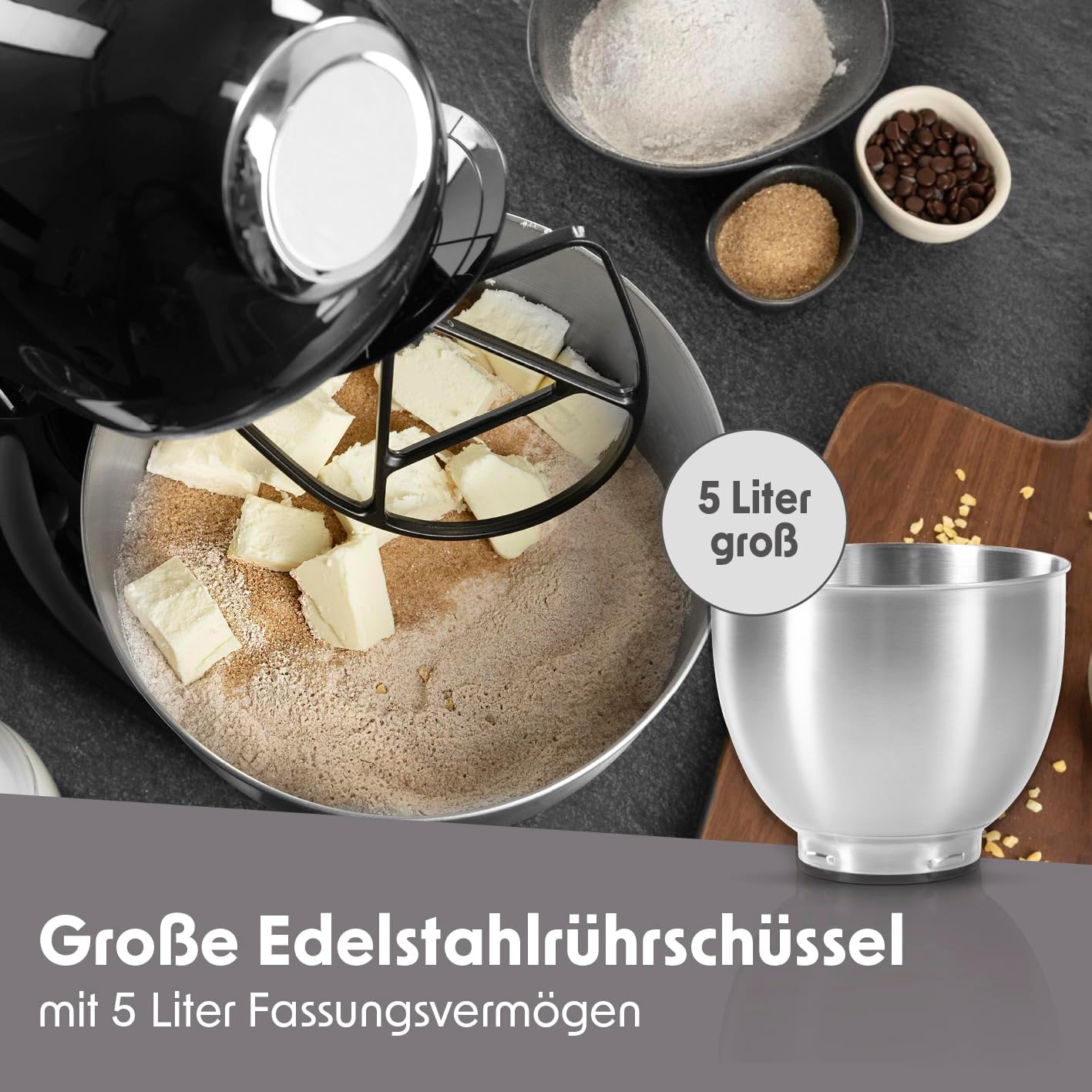 GOURMETmaxx Küchenmaschine & Rührgerät | Multifunktionale Küchenhilfe inkl. Rührschüssel und Aufsätze | Leistungsstarker Mixer mit Schneebesen und mehr | Elektrische Knetmaschine [schwarz] — Ansicht 6