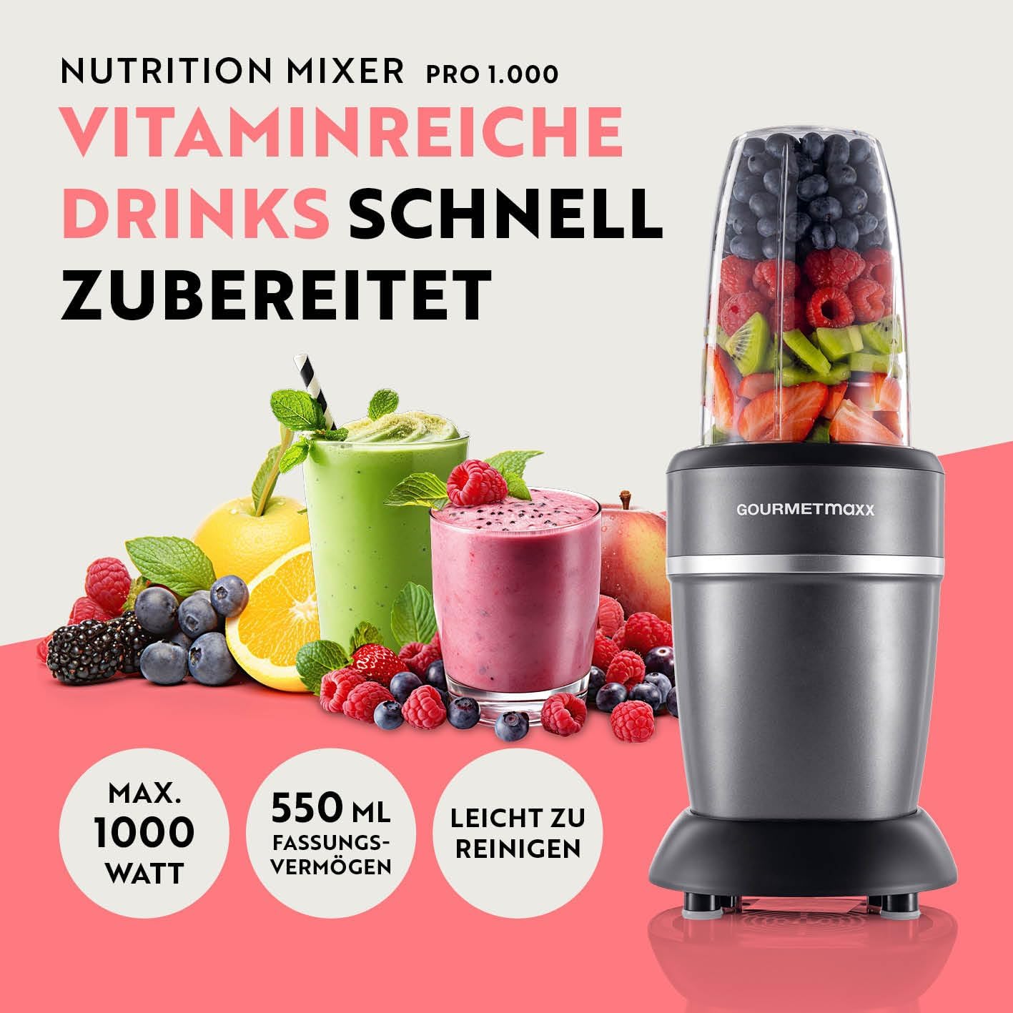 GOURMETmaxx Mixer & Smoothie Maker 4-tlg. | Standmixer elektrisch für den Vitaminkick to go | Nutrition Mixer mit auslaufsicherem Deckel | Blender, Food Processor für Shakes & Co. — Ansicht 2