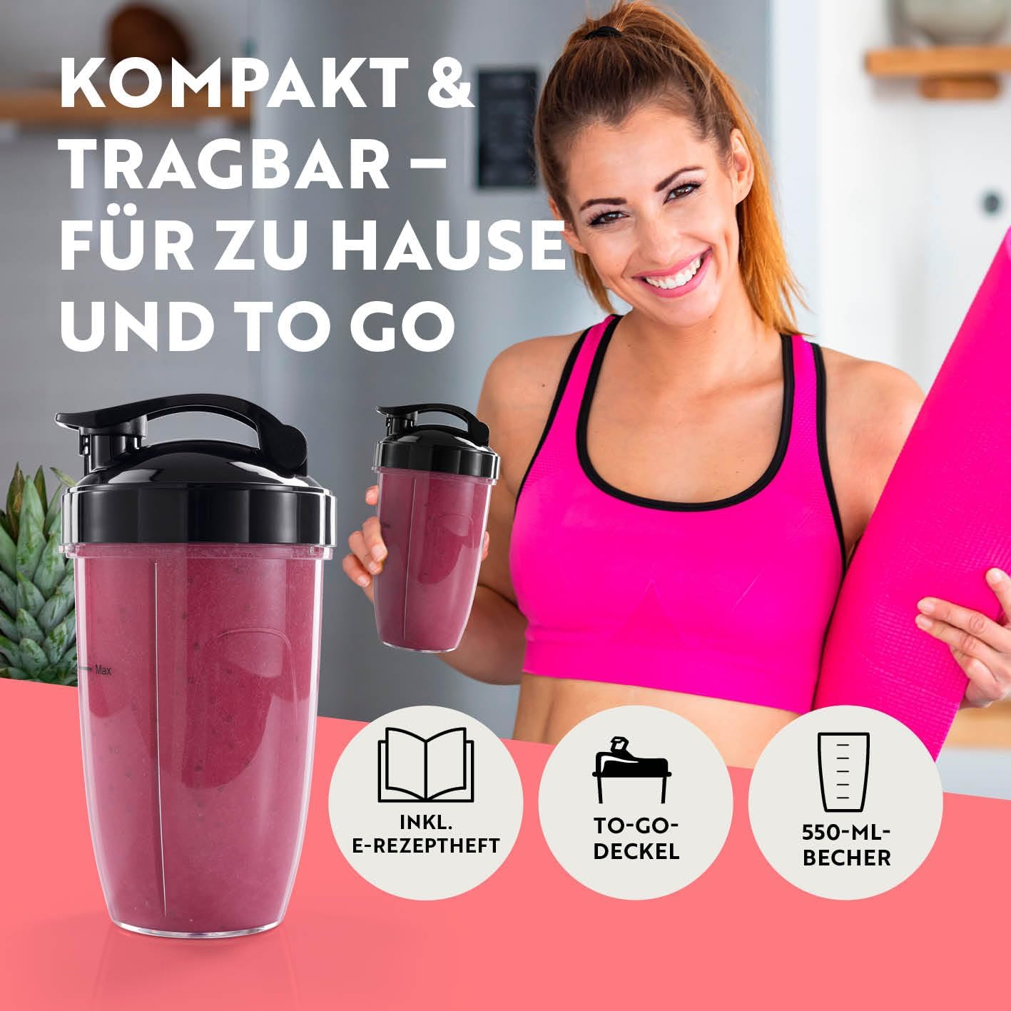 GOURMETmaxx Mixer & Smoothie Maker 4-tlg. | Standmixer elektrisch für den Vitaminkick to go | Nutrition Mixer mit auslaufsicherem Deckel | Blender, Food Processor für Shakes & Co. — Ansicht 3